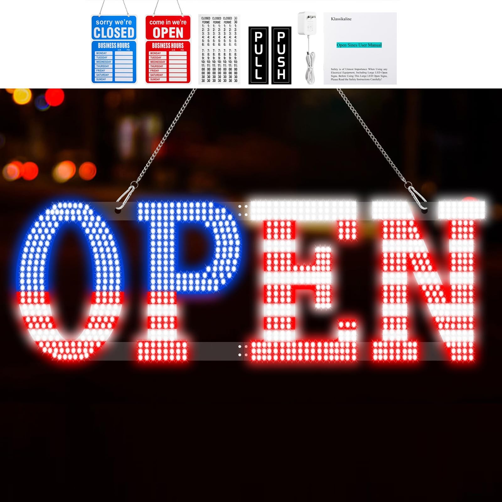 40×14 Extra Large LED Open Sign for Business Retail Shop Light Bright USA Flag