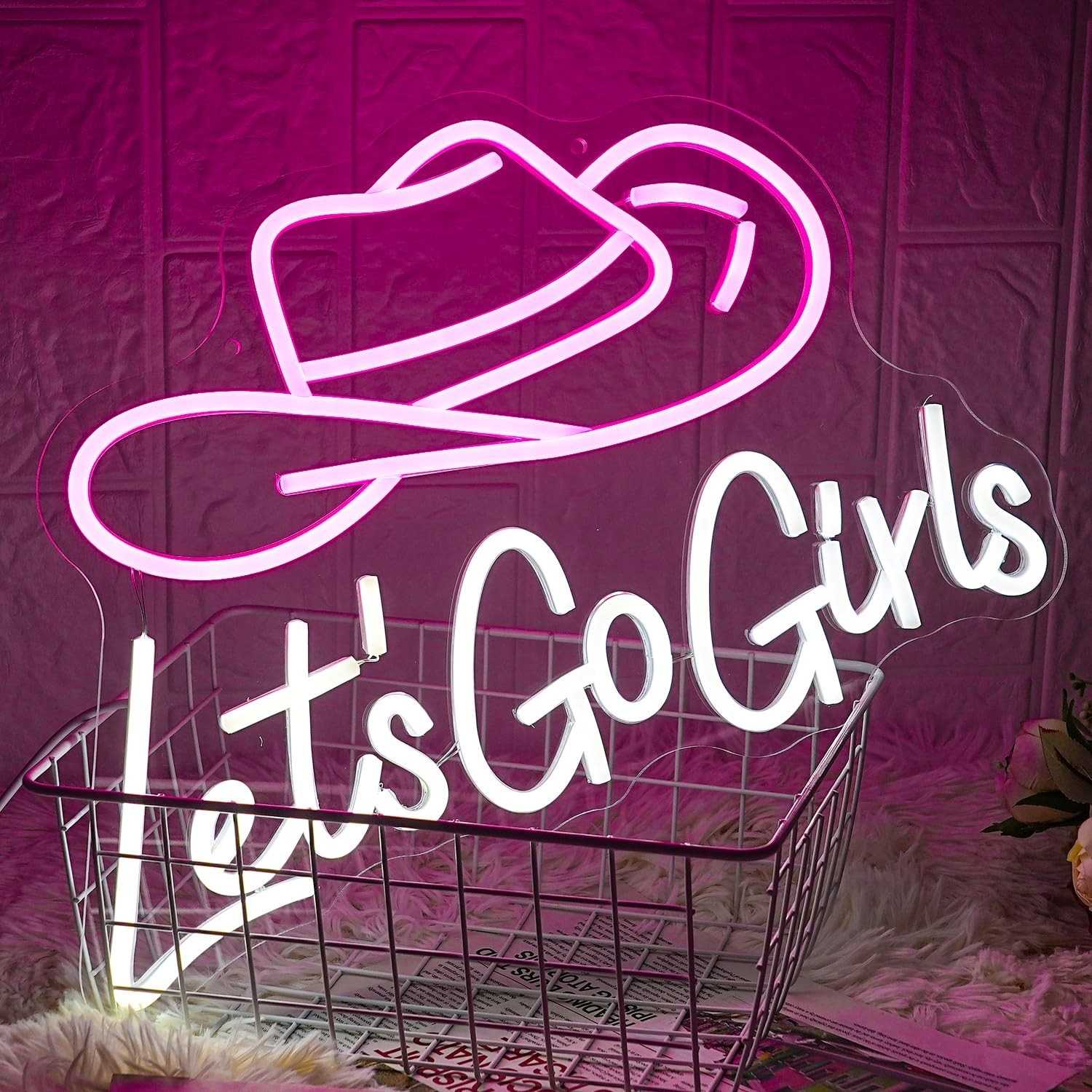 Let&rsquo;s Go Girls Neon Sign Pink White Cowboy Hat Neon Signs Letter Led Light up…