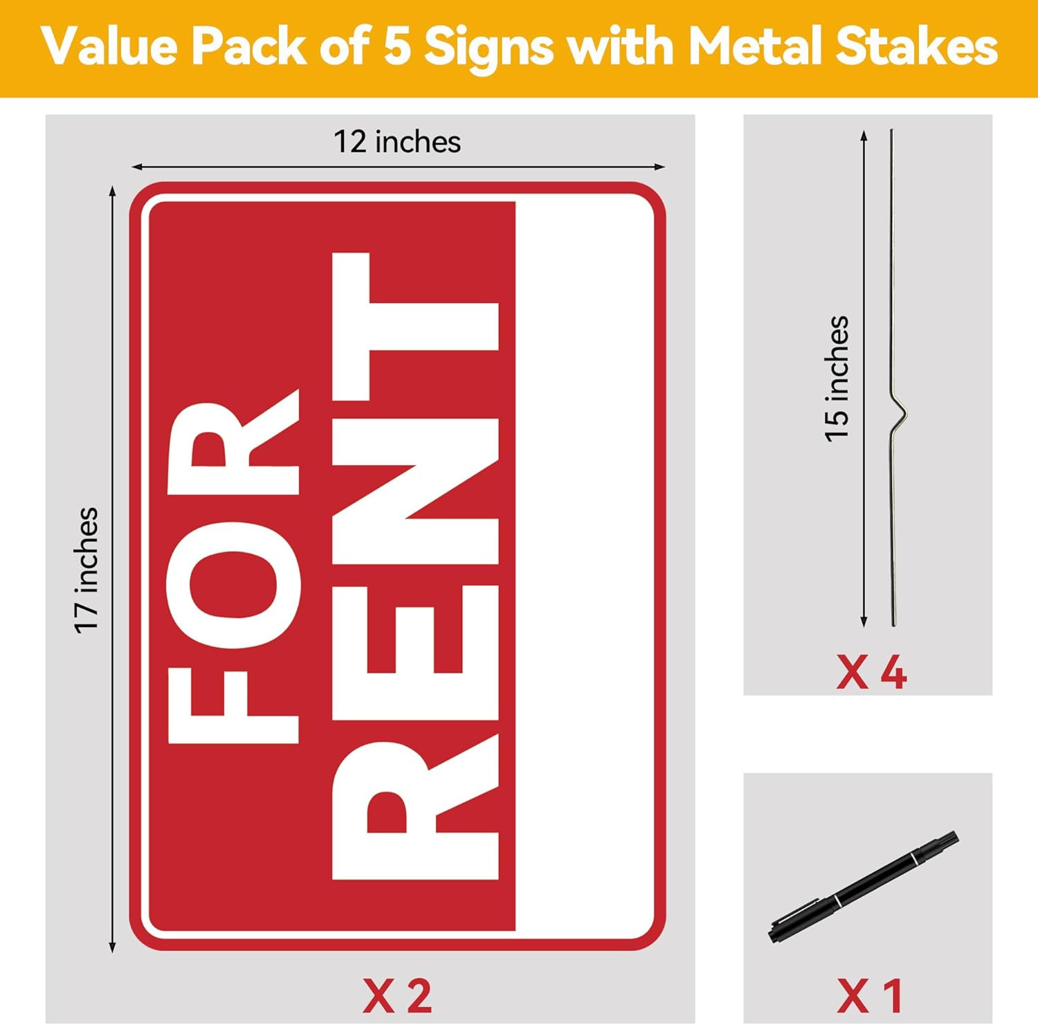 2 Pack for Rent Signs, for Rent Sign with Metal Stake, for Rent Yard Sign – 17 X