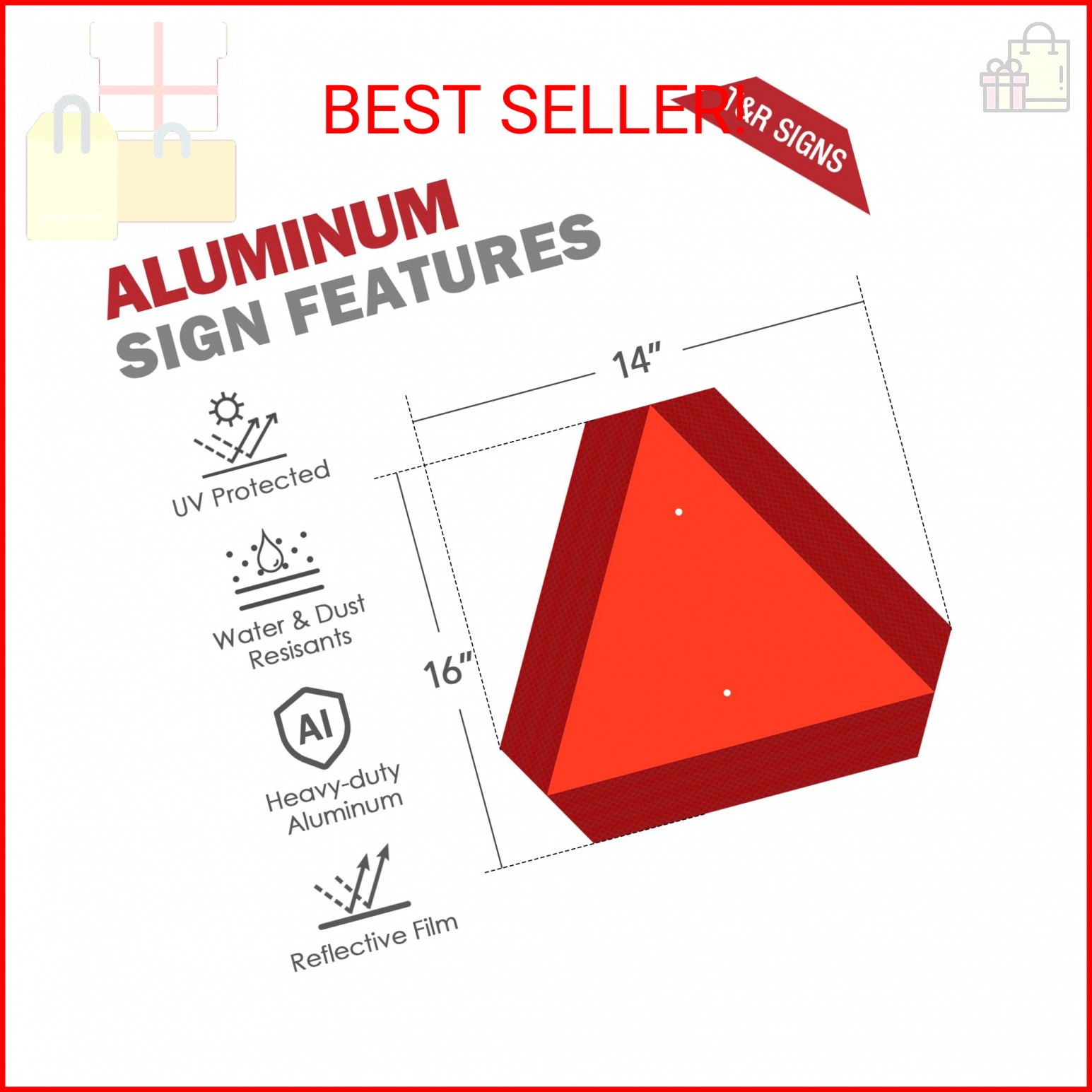 T&R Metal Slow Moving Vehicle Sign, Safety Triangle Sign – 14 x16 Inches – Refle
