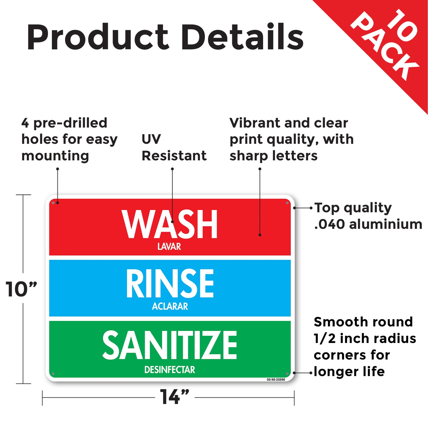 Wash Rinse Sanitizes Public Safety Sign Metal, Plastic, Or Decal – 5 or 10 Pack
