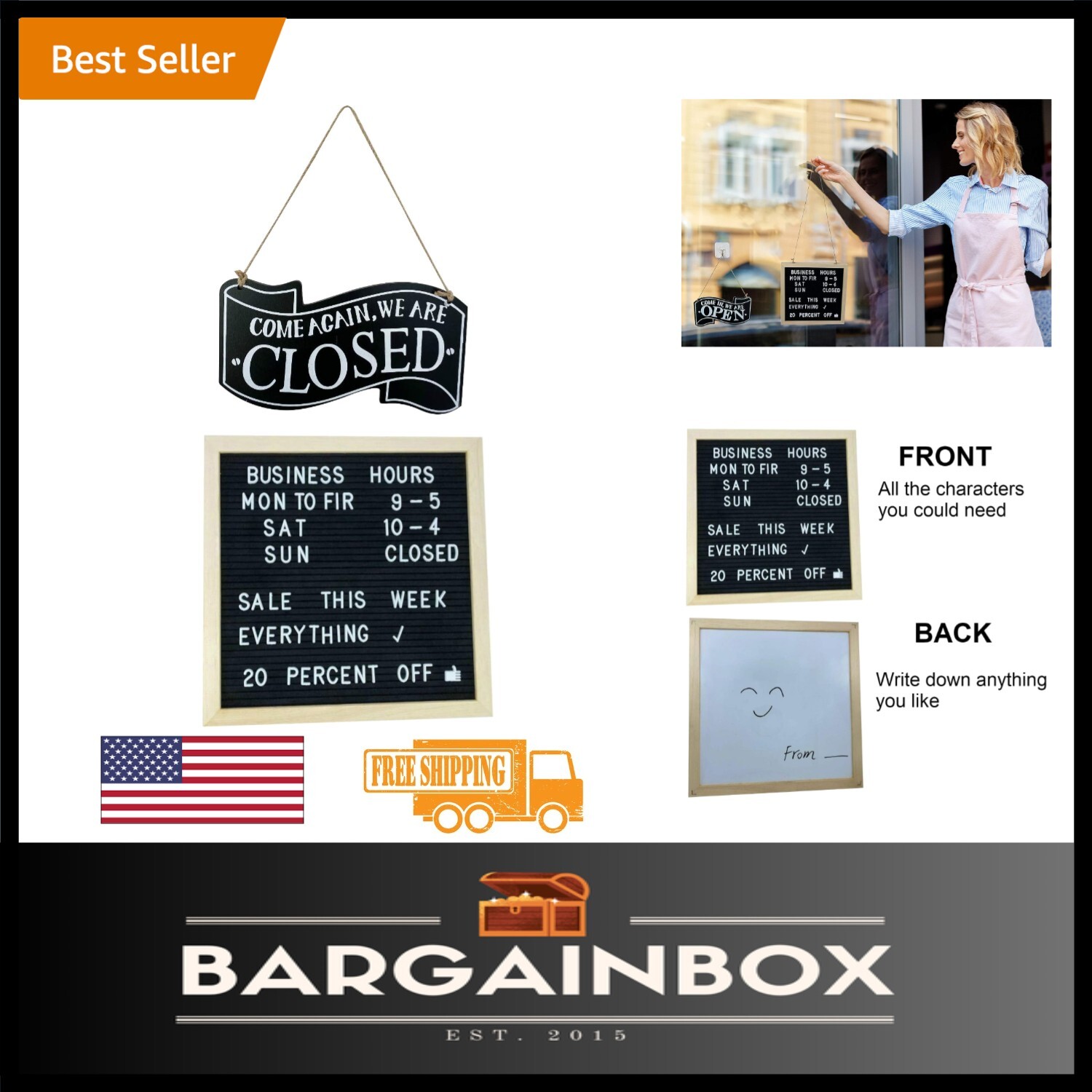 10×10 Inch Wooden Open Closed Sign with 298 Letters for Business Customization