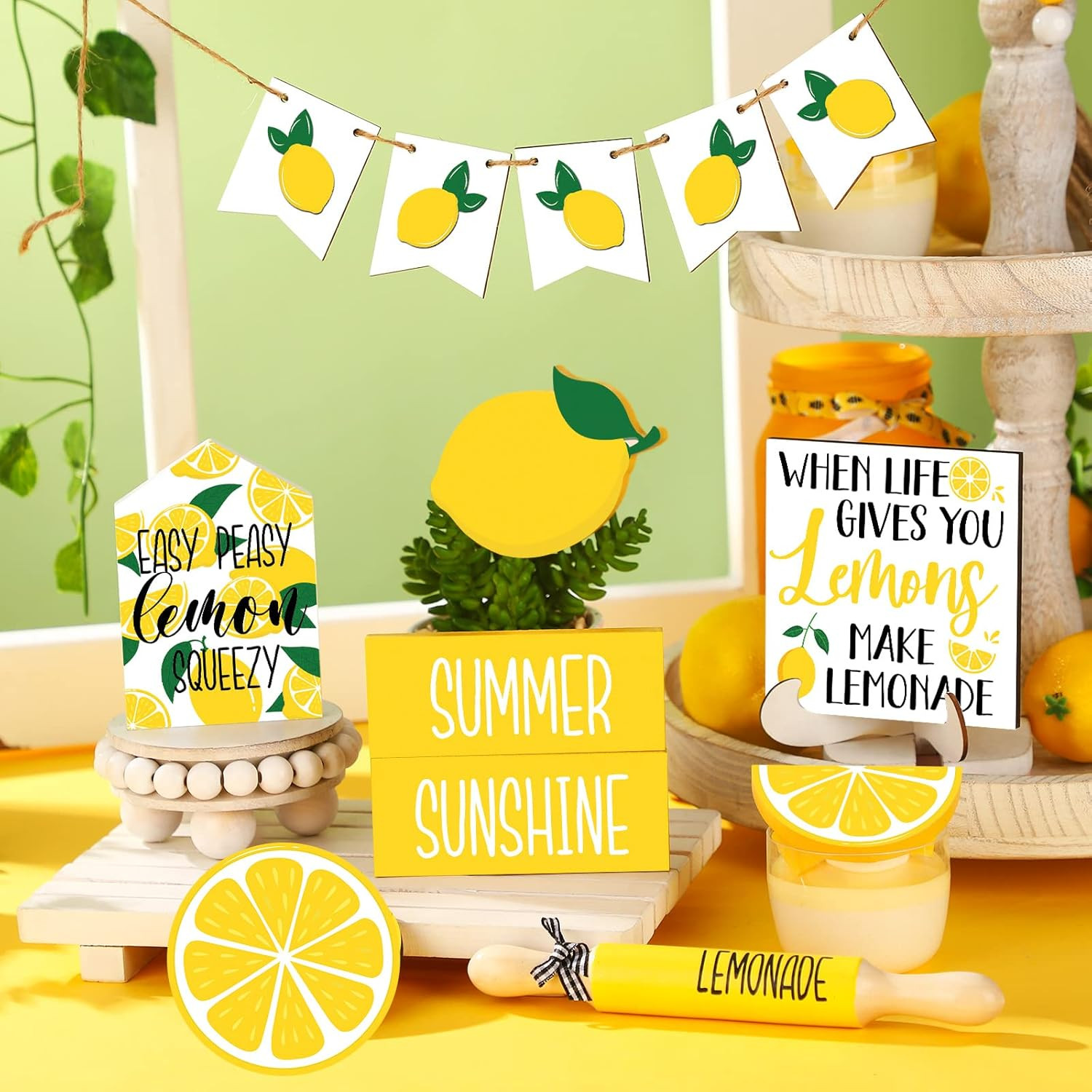 14 Pcs Summer Lemon Tiered Tray Decor Set Summer Table Decoration Lemonade Woode