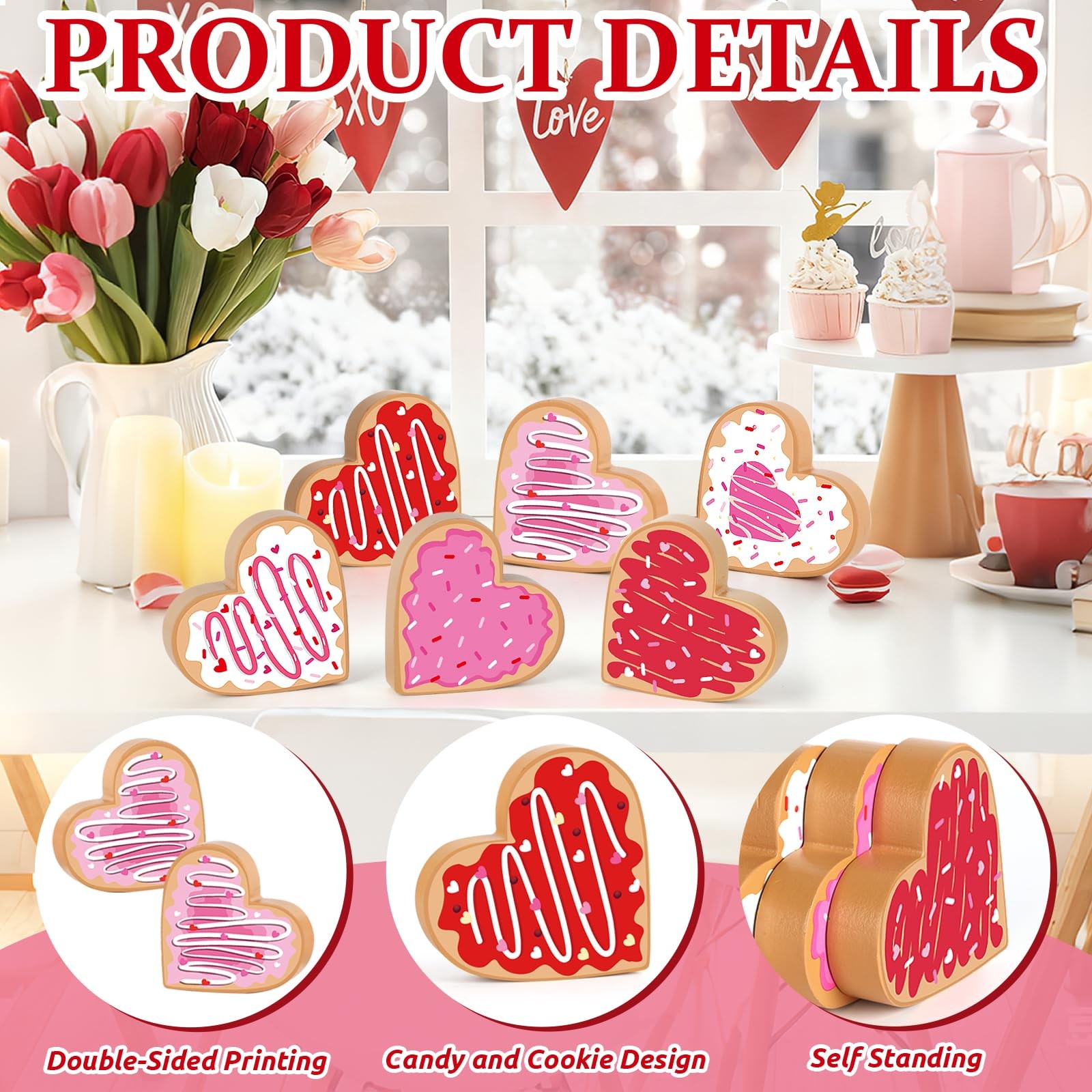 6 PCS Valentine Wooden Heart Table Centerpiece Double Sided Tray Decor