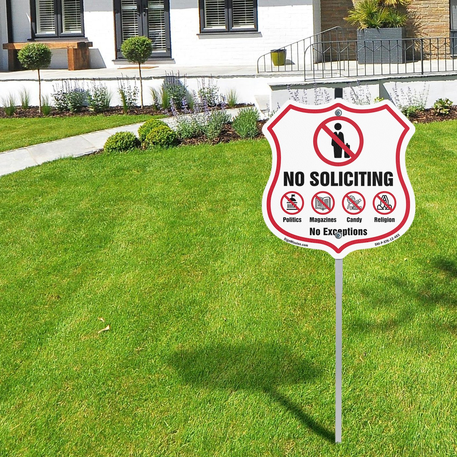 No Soliciting Shield Sign No Politics Magazines Candy Re Shield Sign With Stake