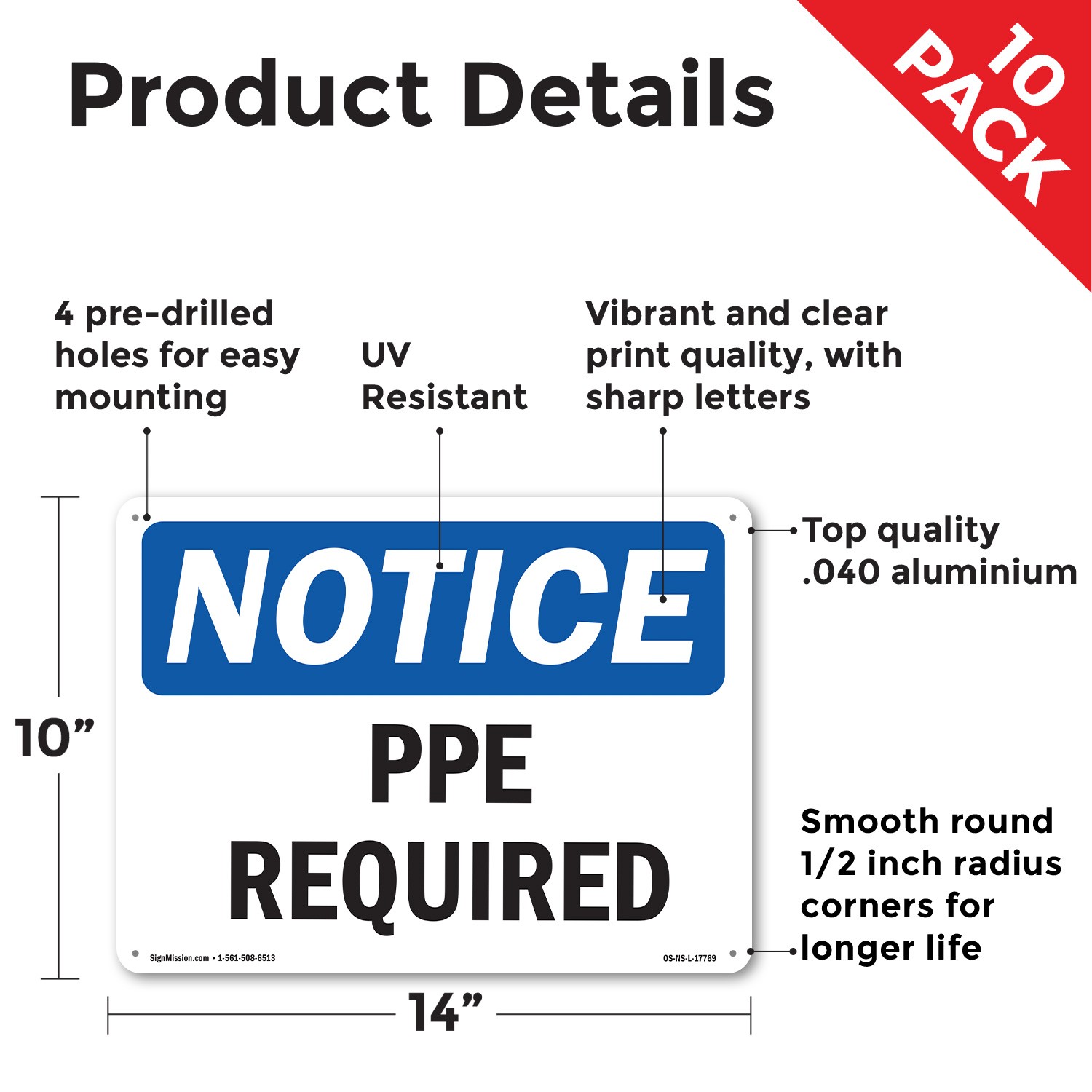 PPE Required OSHA Notice Sign Metal, Plastic, Or Decal – 5 or 10 Pack