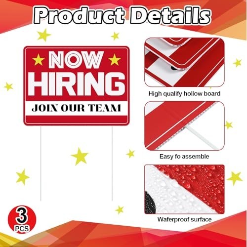 3 Pcs Now Hiring Sign with Stake – 12×16&Prime; Double-Sided Plastic Help Wanted Signs