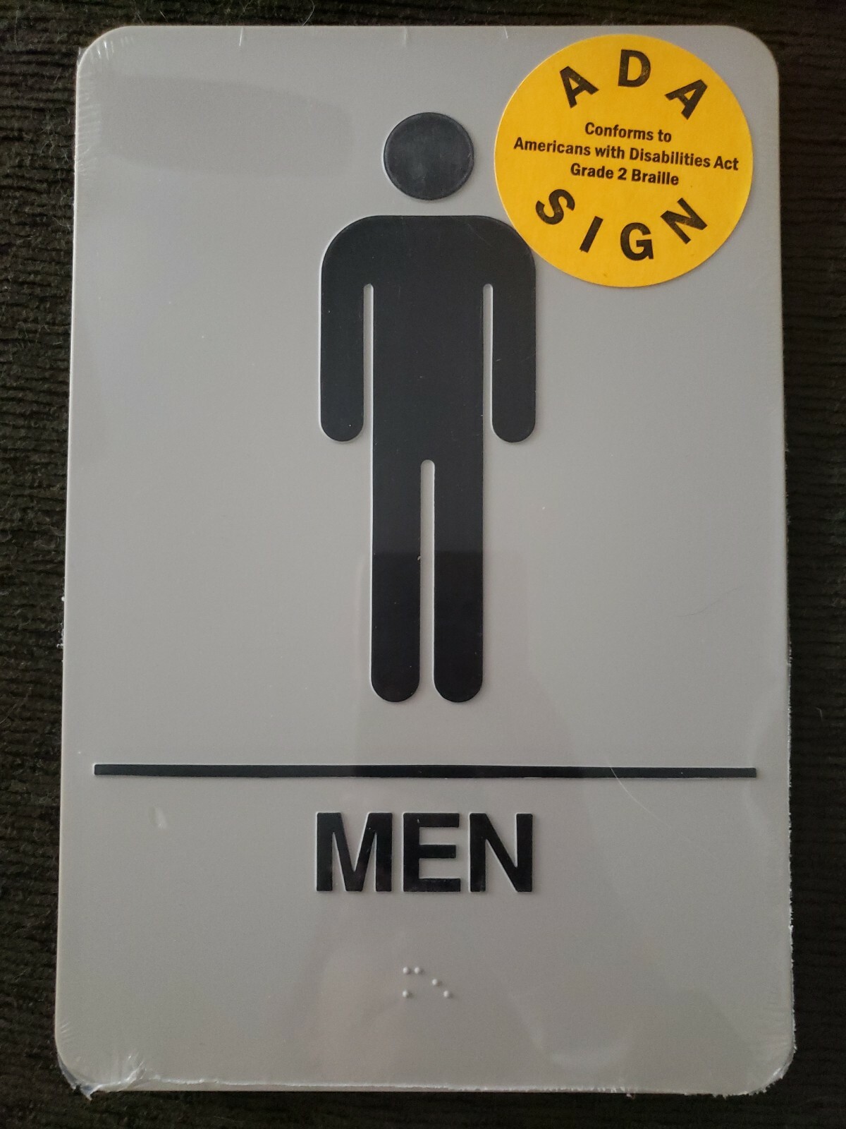 ADA MENS Restroom Sign, grade 2 Braille – Black On Gray – 6×9 inch. #08364