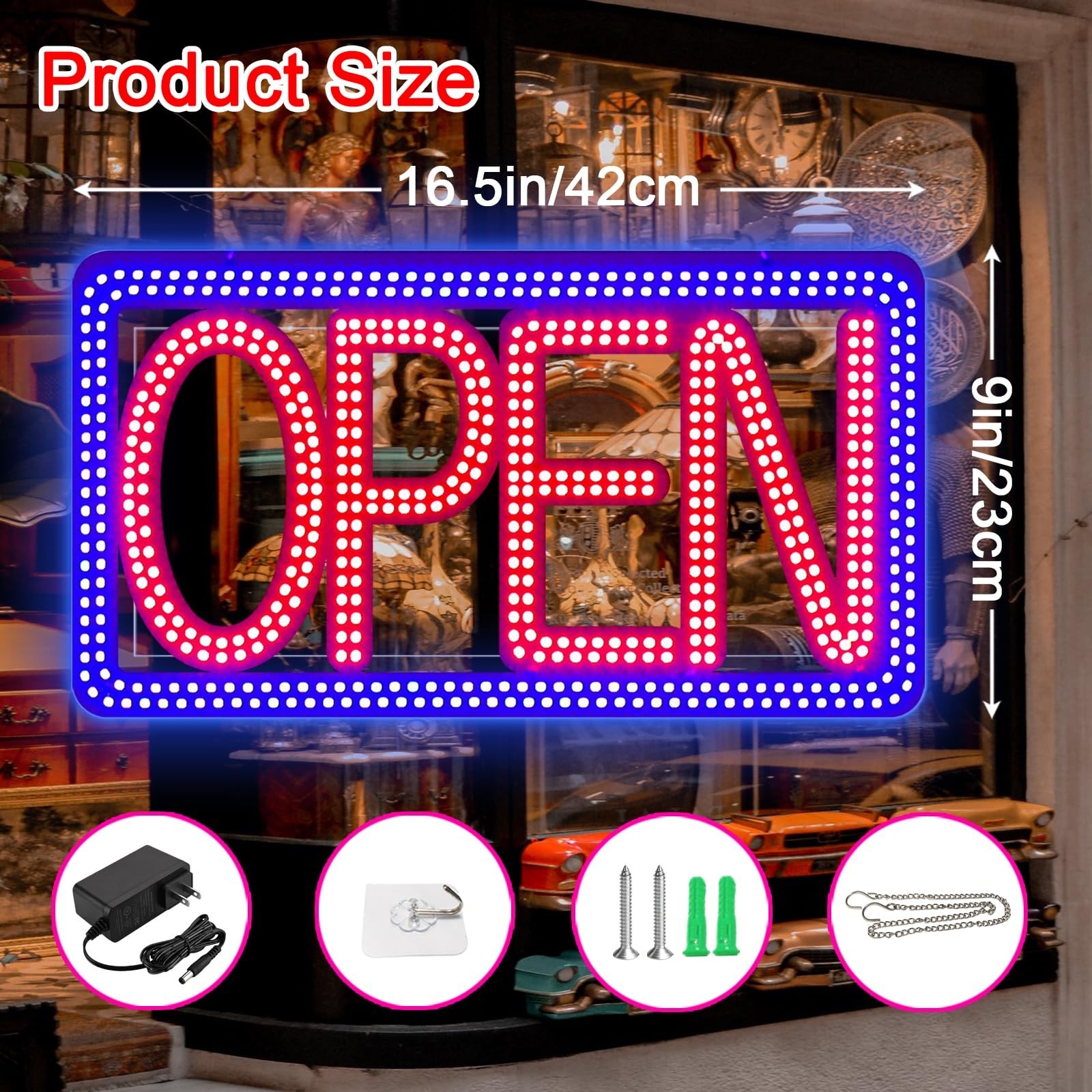 16.5&Prime;x9&Prime; Horizontal LED Open Sign for Business – Ultra Bright & Dimmable Stor…