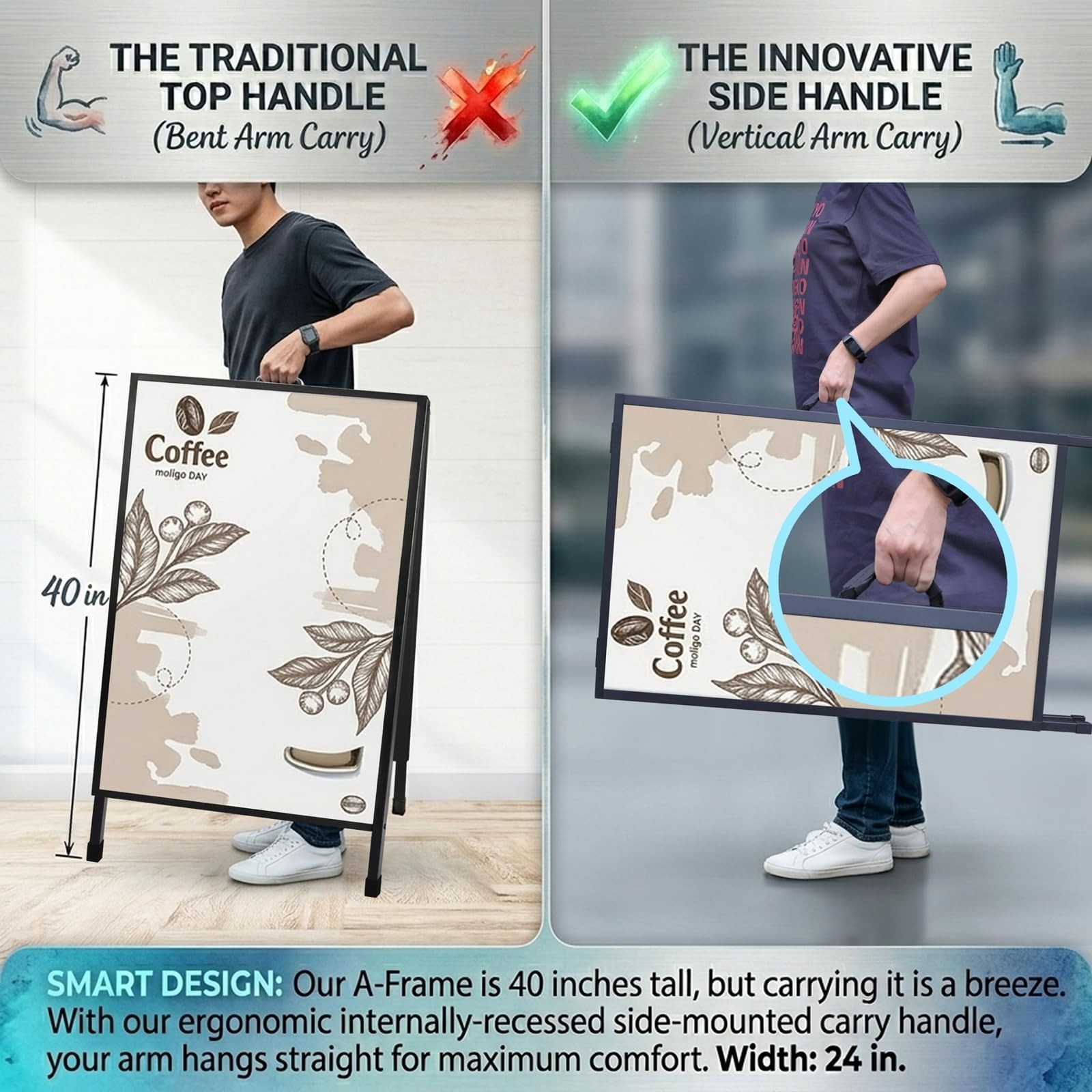 Heavy Duty A-Frame Sidewalk Sign 24×36 Inch Steel Double-Sided Pavement Display