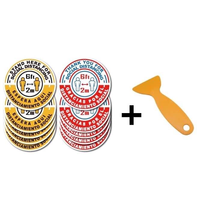 Bilingual English/Spanish 10 Pack of 12” Social Distance Floor Decals W/ Scraper