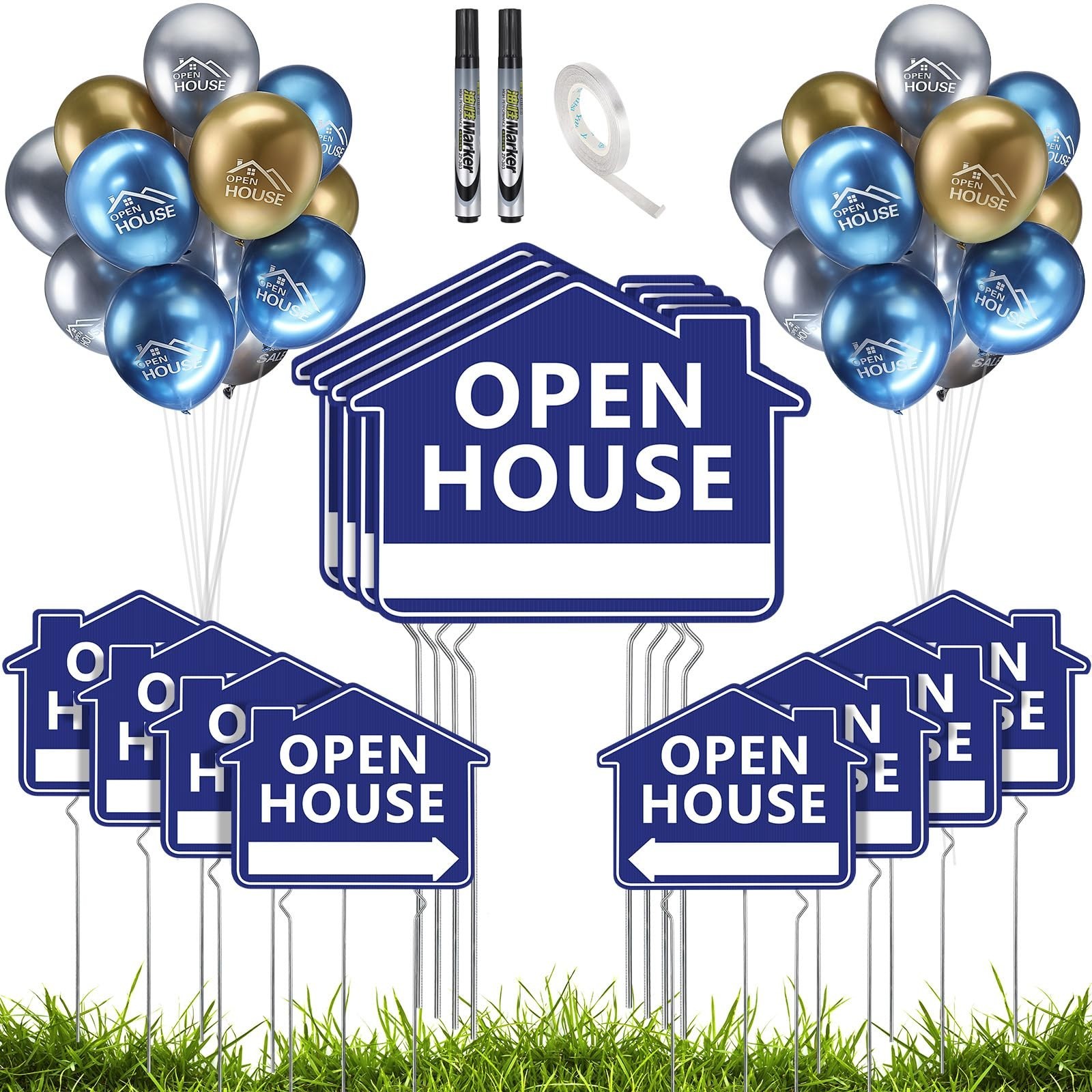 63 Pcs Open House Signs with Stakes, Double-Sided Yard Signs & Balloons, 12×16