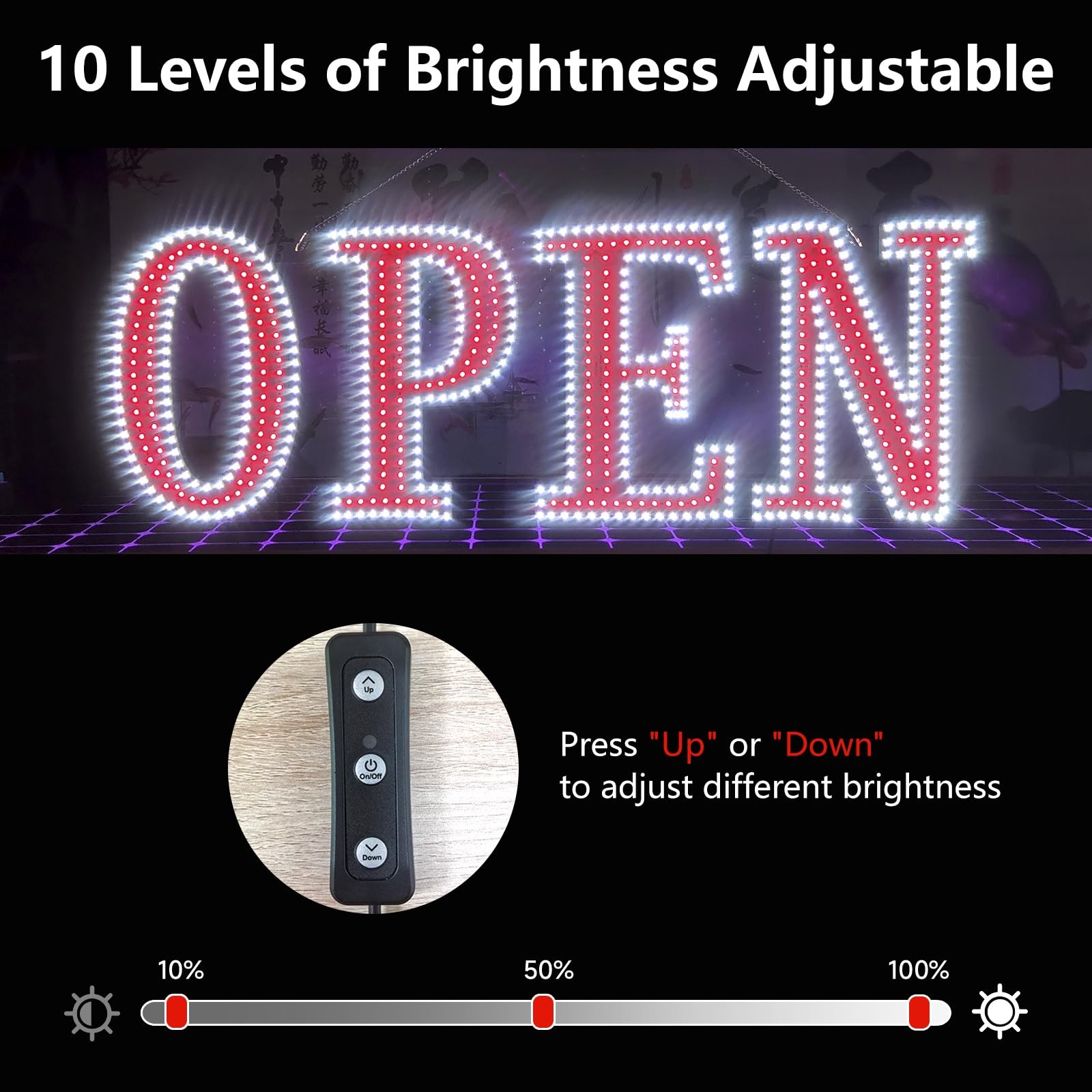 LED Open Sign 48&Prime;x17&Prime; Super Large Remote Control 10 Levels Brightness Adjustable