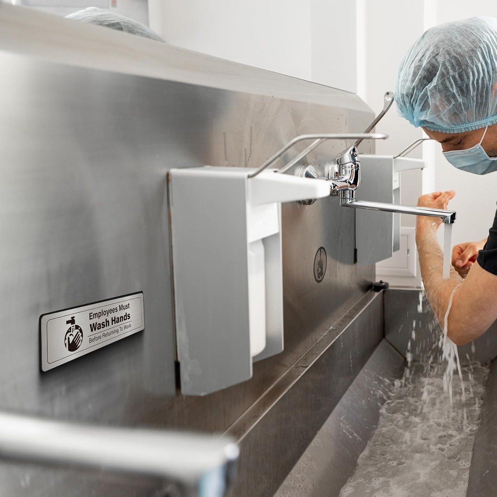 Bilingual Sink Labels Brushed Aluminum for Commercial Kitchen 3 Compartment Wash