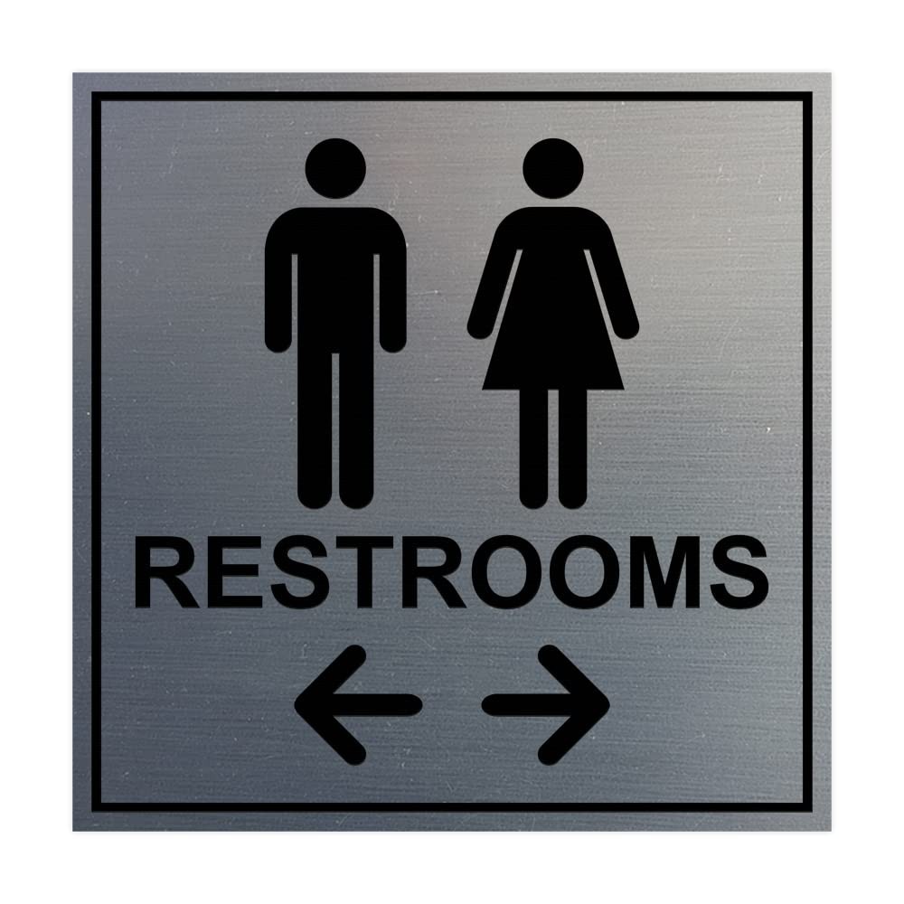Large Square Restrooms Left Right Arrow Sign Brushed Silver Wall Door Mount