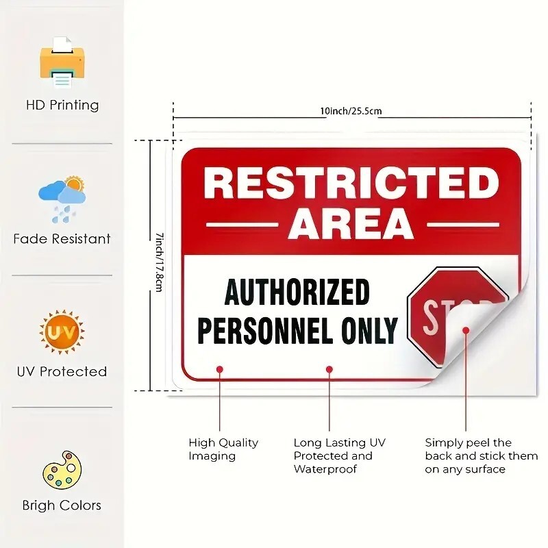 🎯Restricted Area Stop Authorized Personnel Only Self Adhesive Vinyl Decal