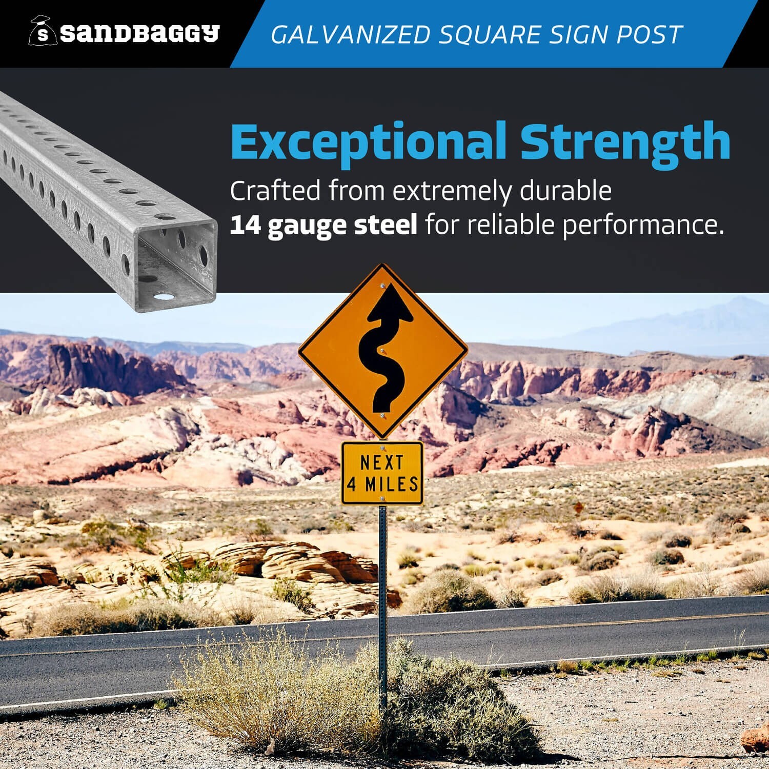 Sandbaggy 6 ft Galvanized Square Sign Post – 1-3/4&Prime; Wide – 7/16” Hole Diameter