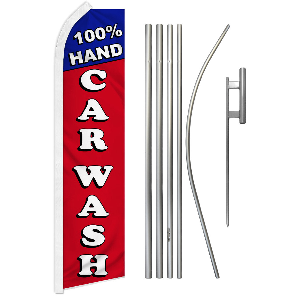 100% Hand Carwash Advertising Swooper Feather Flutter Flag & Pole Kit Car Wash