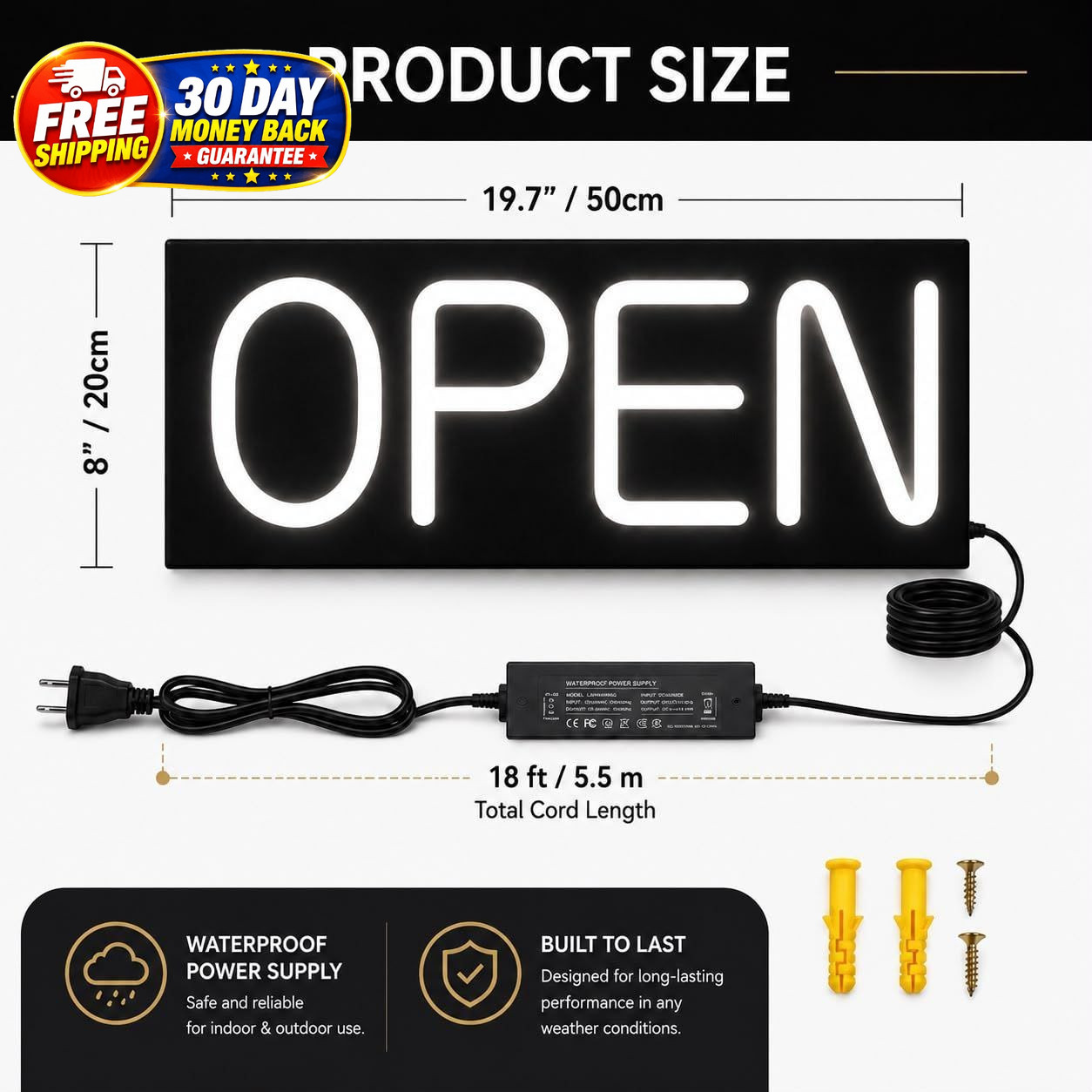 Large Outdoor Waterproof Open 19.7 inches x 8 inches, BLACK WHITE