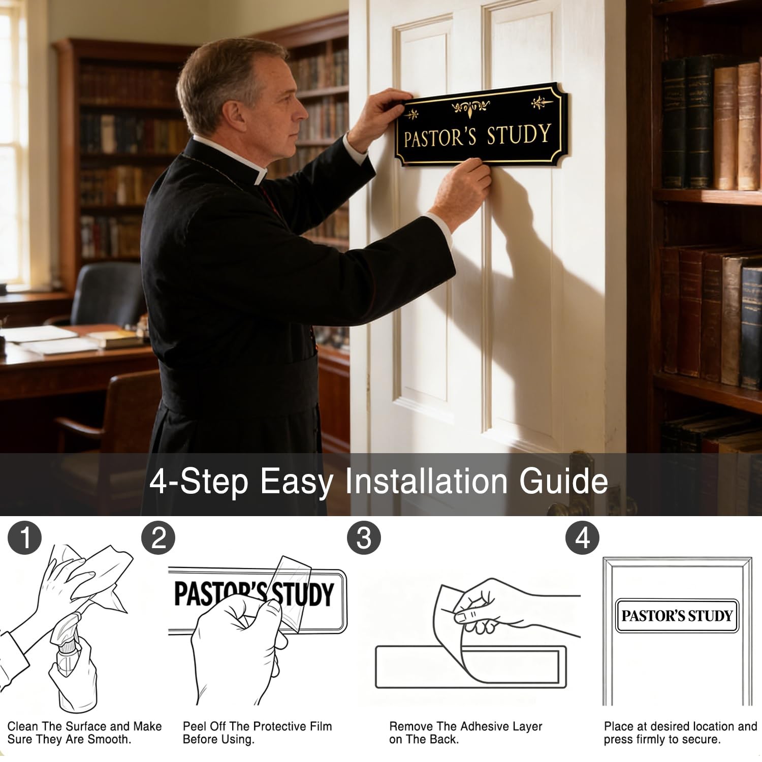 Pastor&rsquo;s Study Sign Door Black Gold Acrylic Plaque 12.5×4.45 Inch Decor