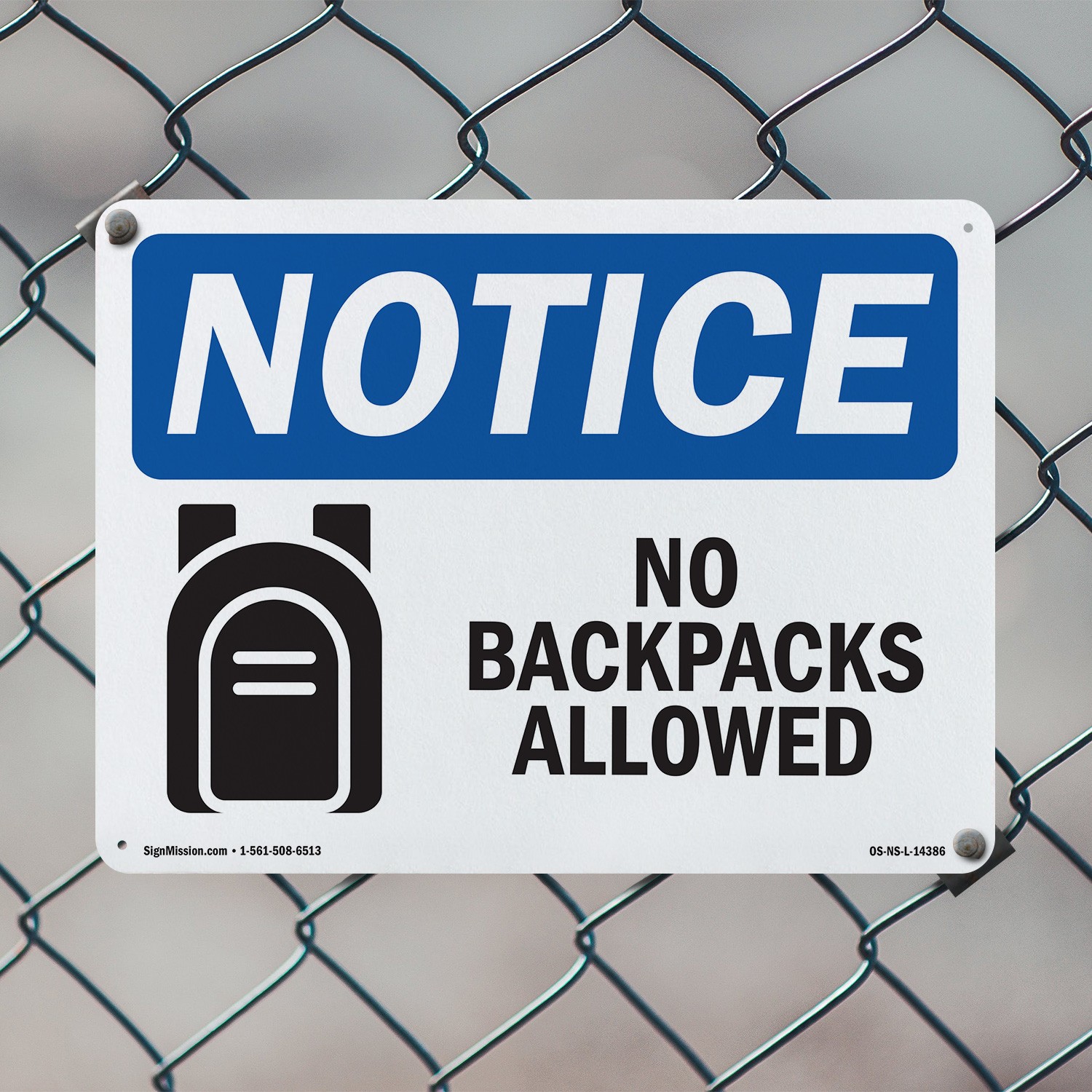 No Backpacks Allowed OSHA Notice Sign Metal, Plastic, Or Decal – 5 or 10 Pack