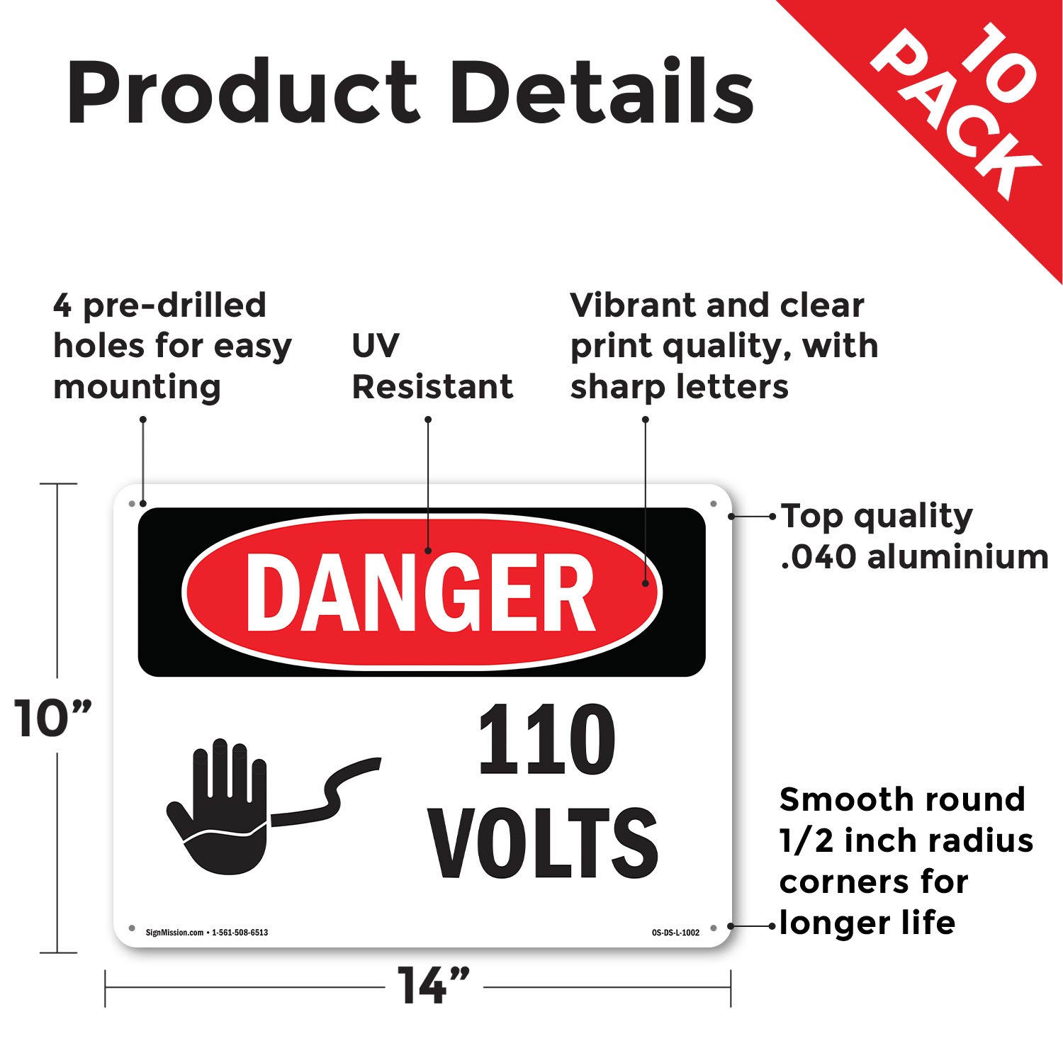 110 Volts OSHA Danger Sign Metal, Plastic, Or Decal – 5 or 10 Pack