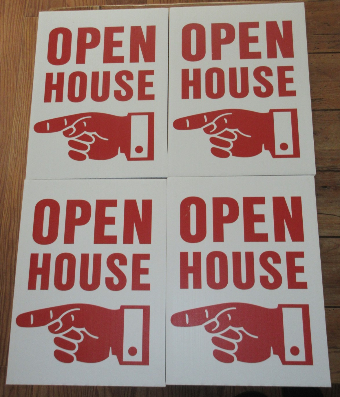 Lot of 4 Plastic Double Sided Signs 12×16 OPEN HOUSE Realtor Real Estate Red Whi