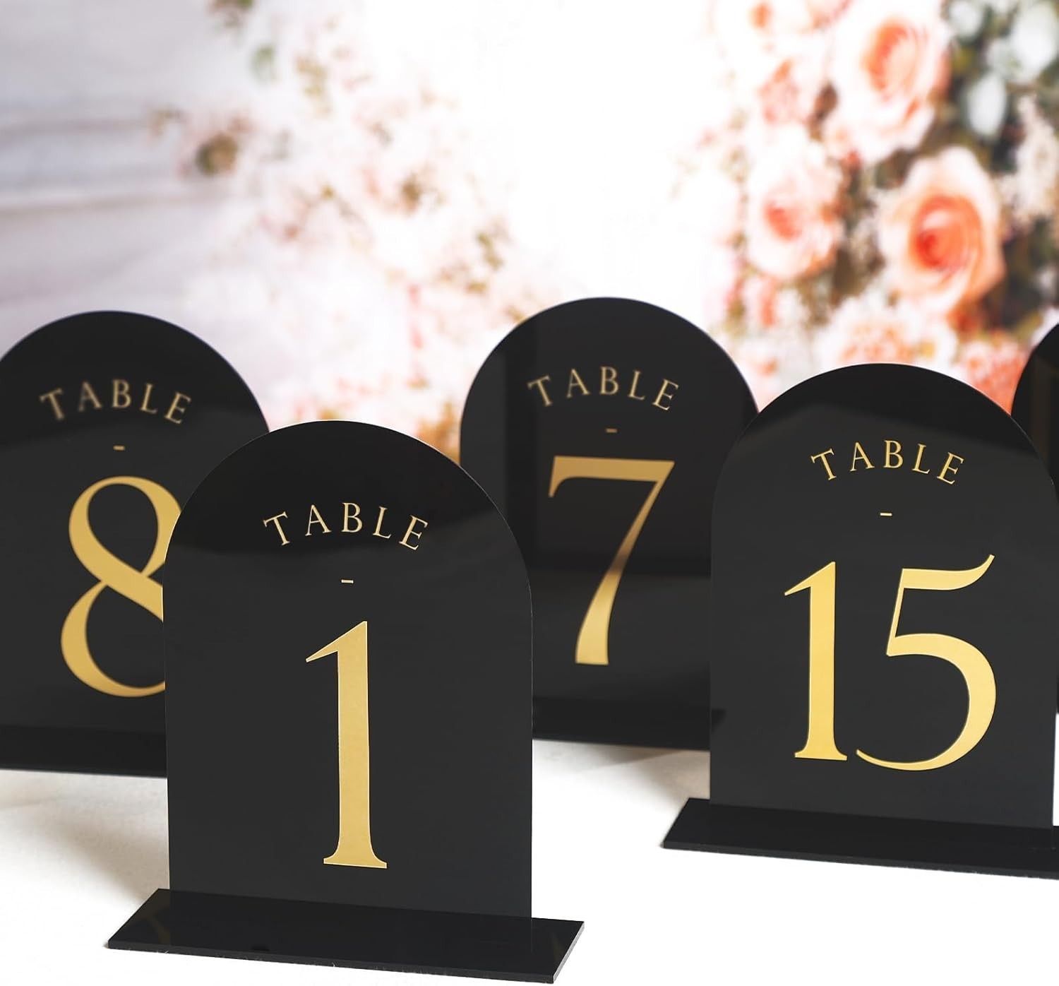 Black Arch Wedding Table Numbers with Stands 1-15, Gold Foil Printed 5×7 Dbl B22