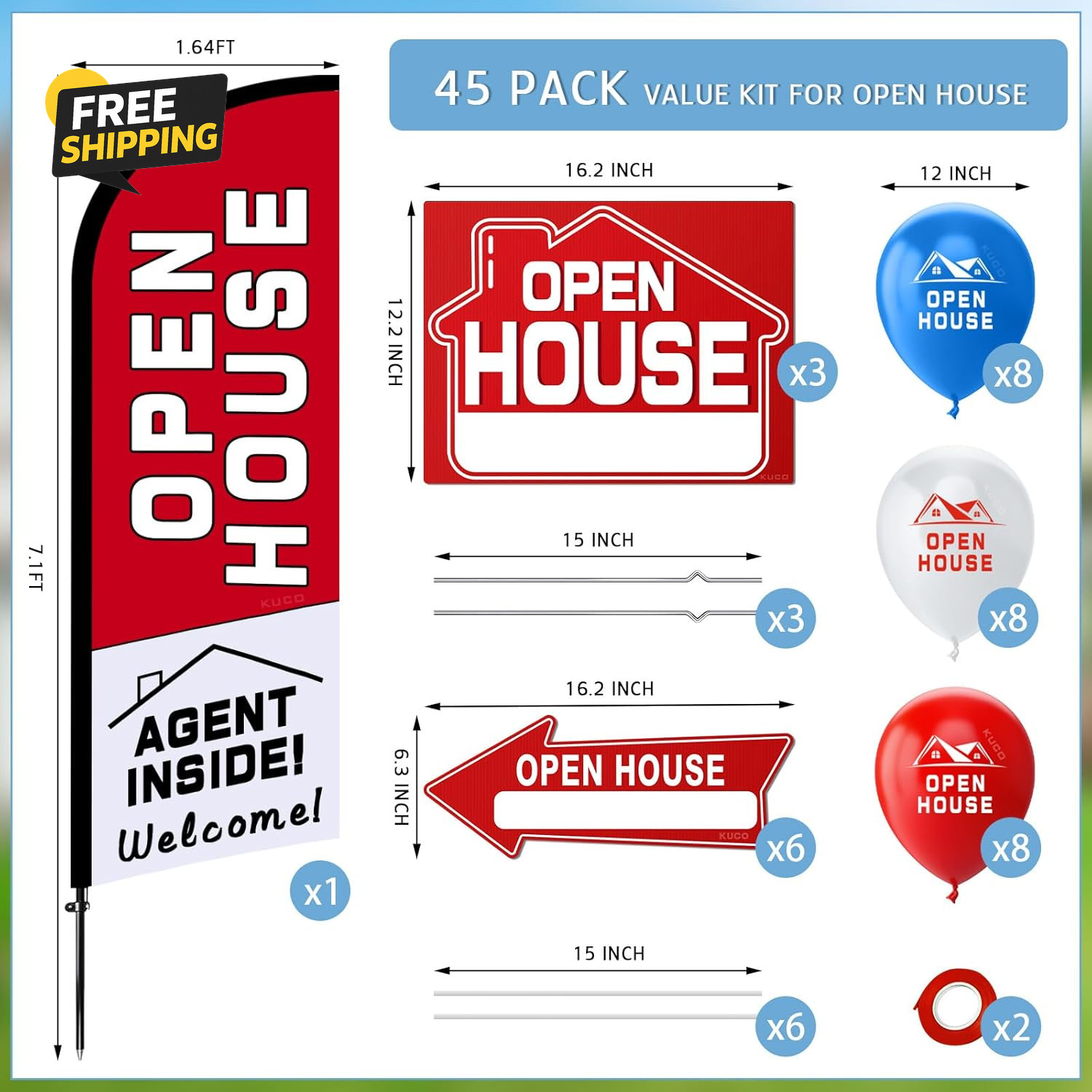 45PCS Open House Signs Kit Flag Arrows Stakes Balloons Real Estate Supplies