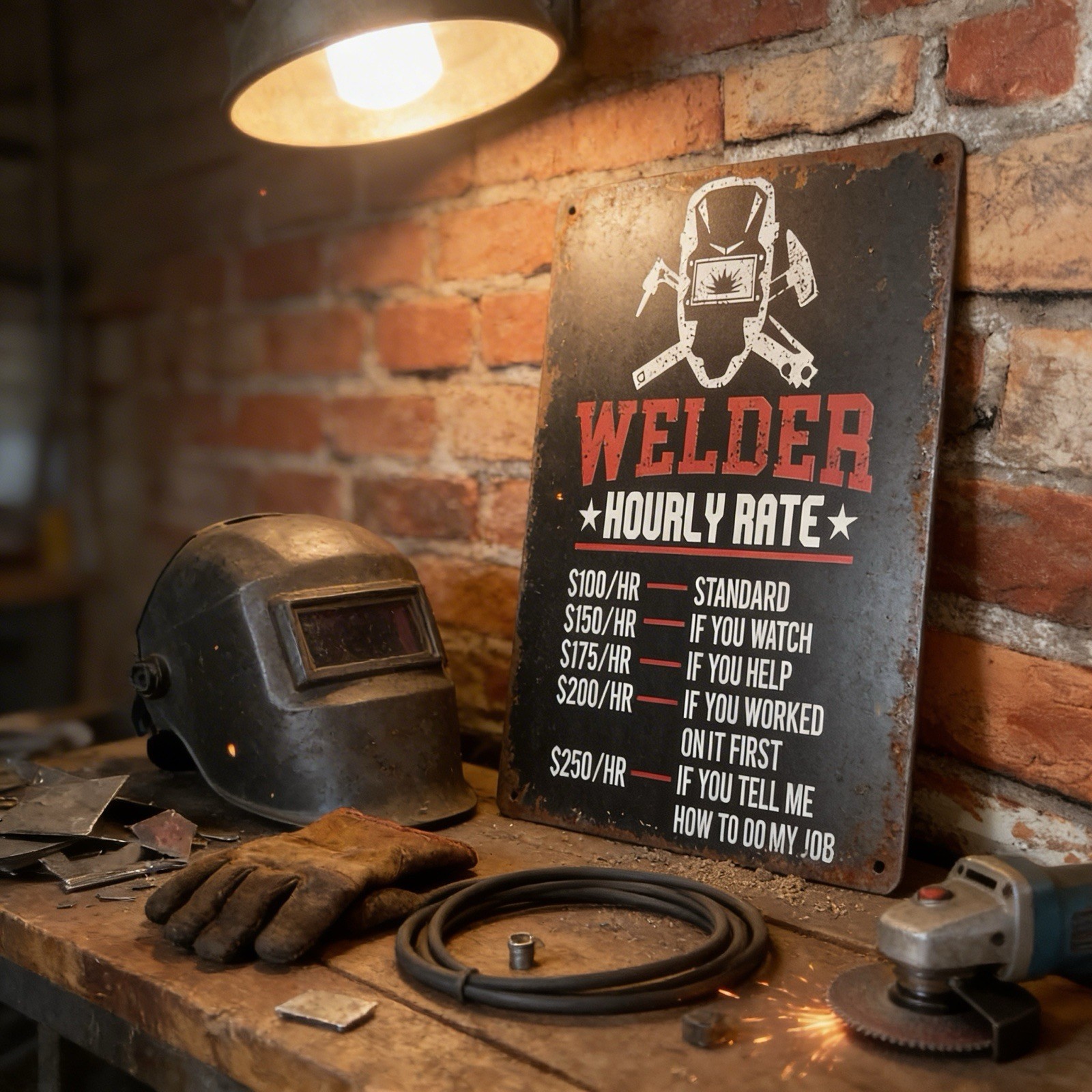 8×12 Welder « Hourly Rate » Sign…Makes a Great Gift!…FREE SHIPPING!