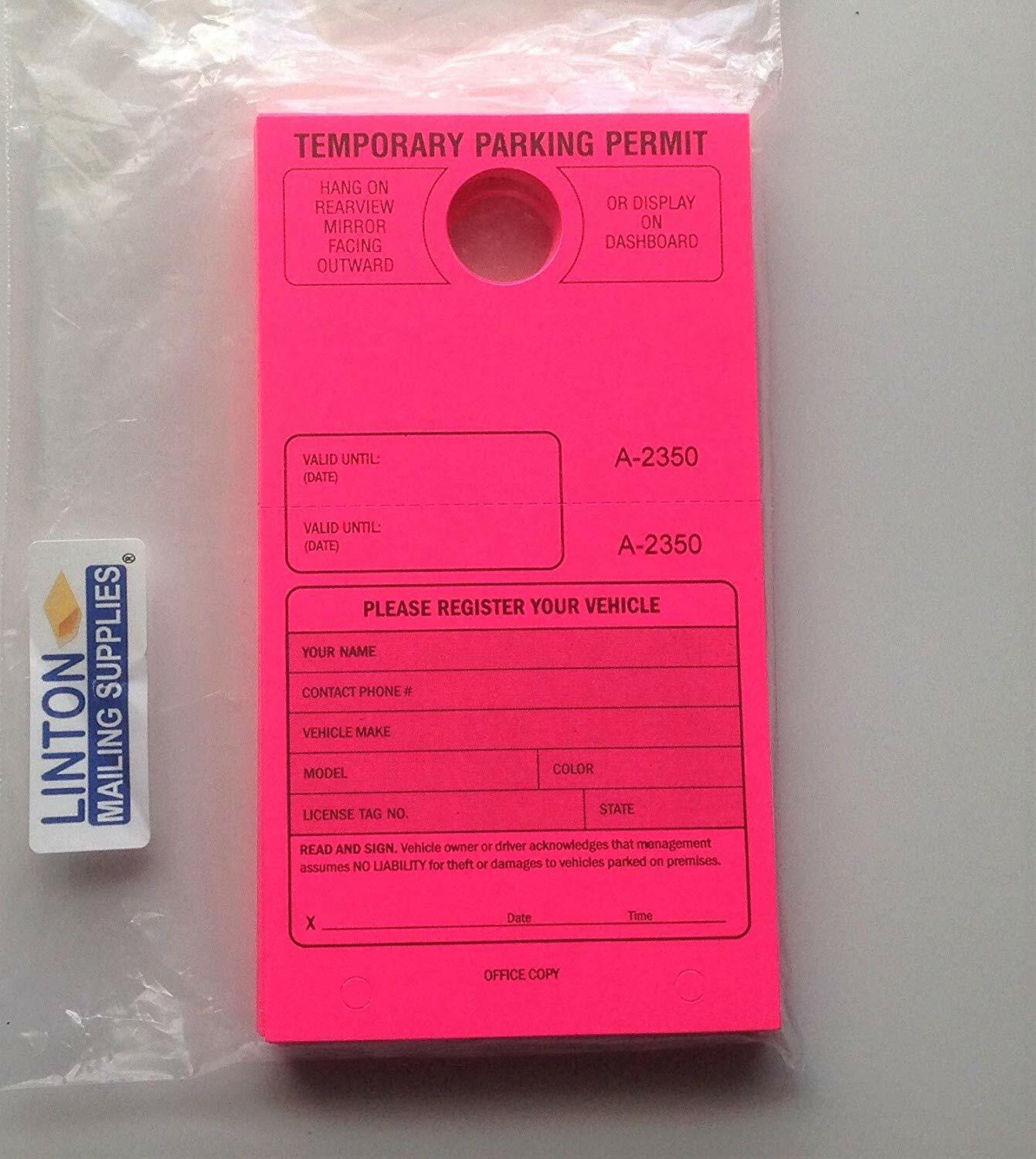 Temporary Parking Permit,7-3/4&Prime; x 4-1/4&Prime;, Bright Fluorescent Pink – Pack of 50