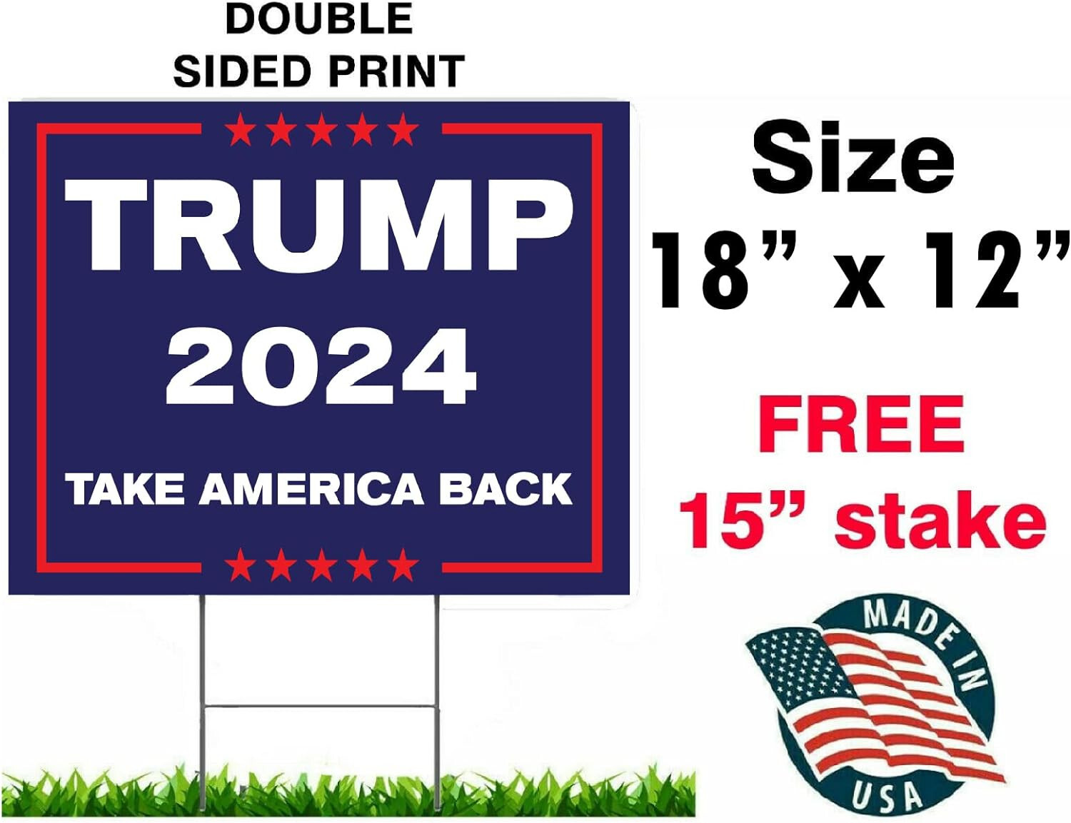 TRUMP 2024 TAKE AMERICA BACK 18&Prime;x12&Prime; YARD SIGN WITH STAKE PENCE WHOLESALE USA