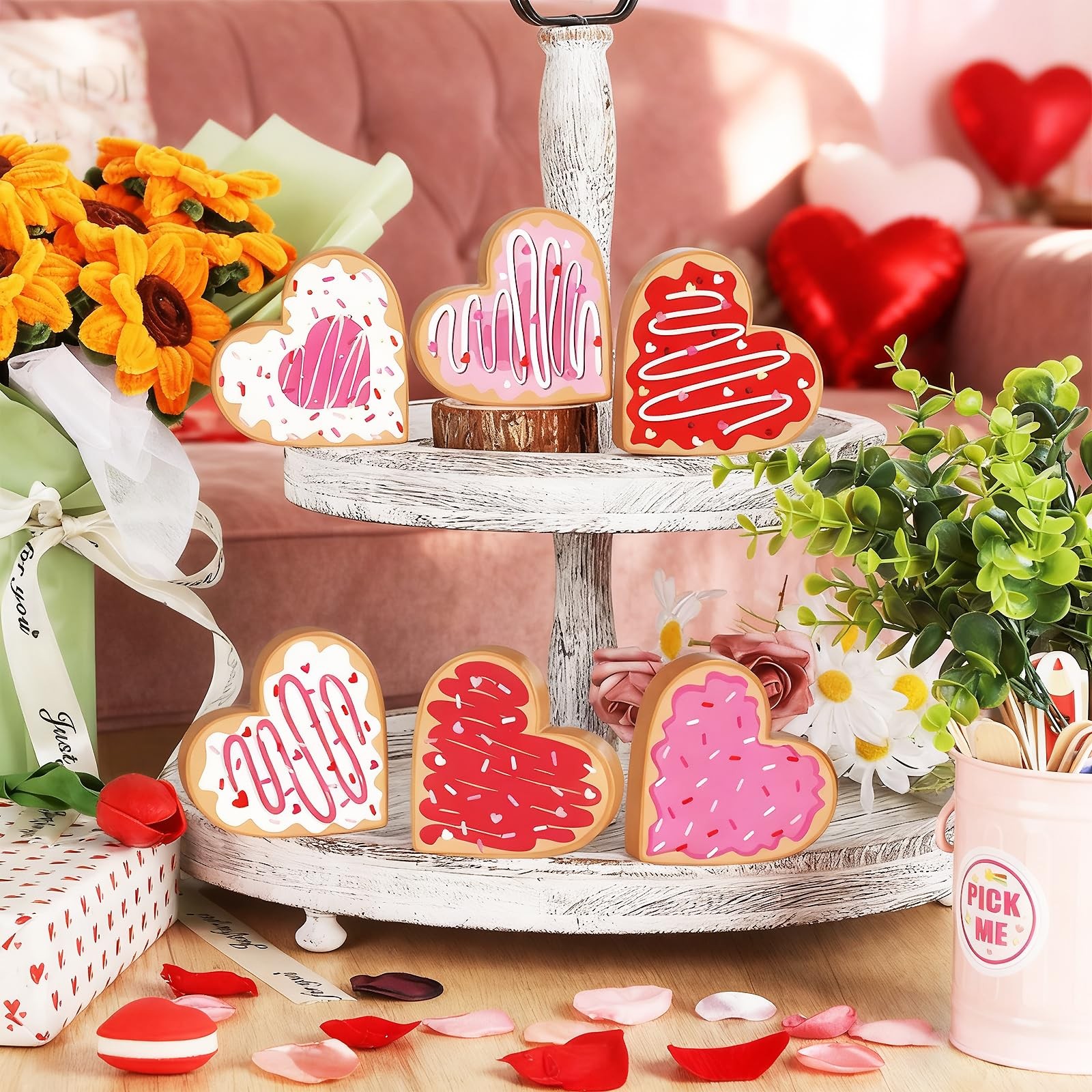 6 PCS Valentine Wooden Heart Table Centerpiece Double Sided Tray Decor