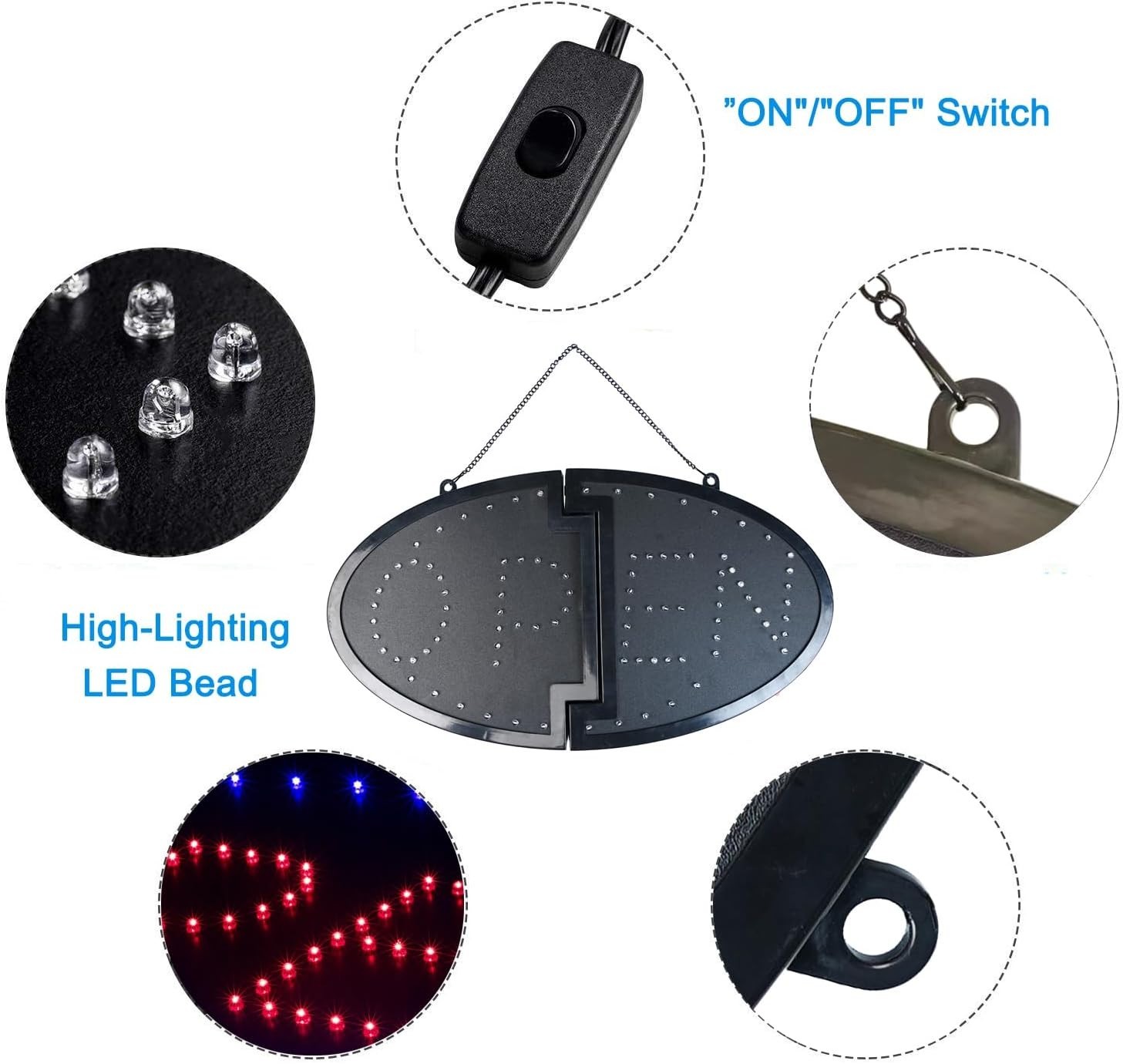 Wall-Mounted 19&Prime;x10&Prime; LED Open Sign with Stainless Steel Chain for Easy Setup