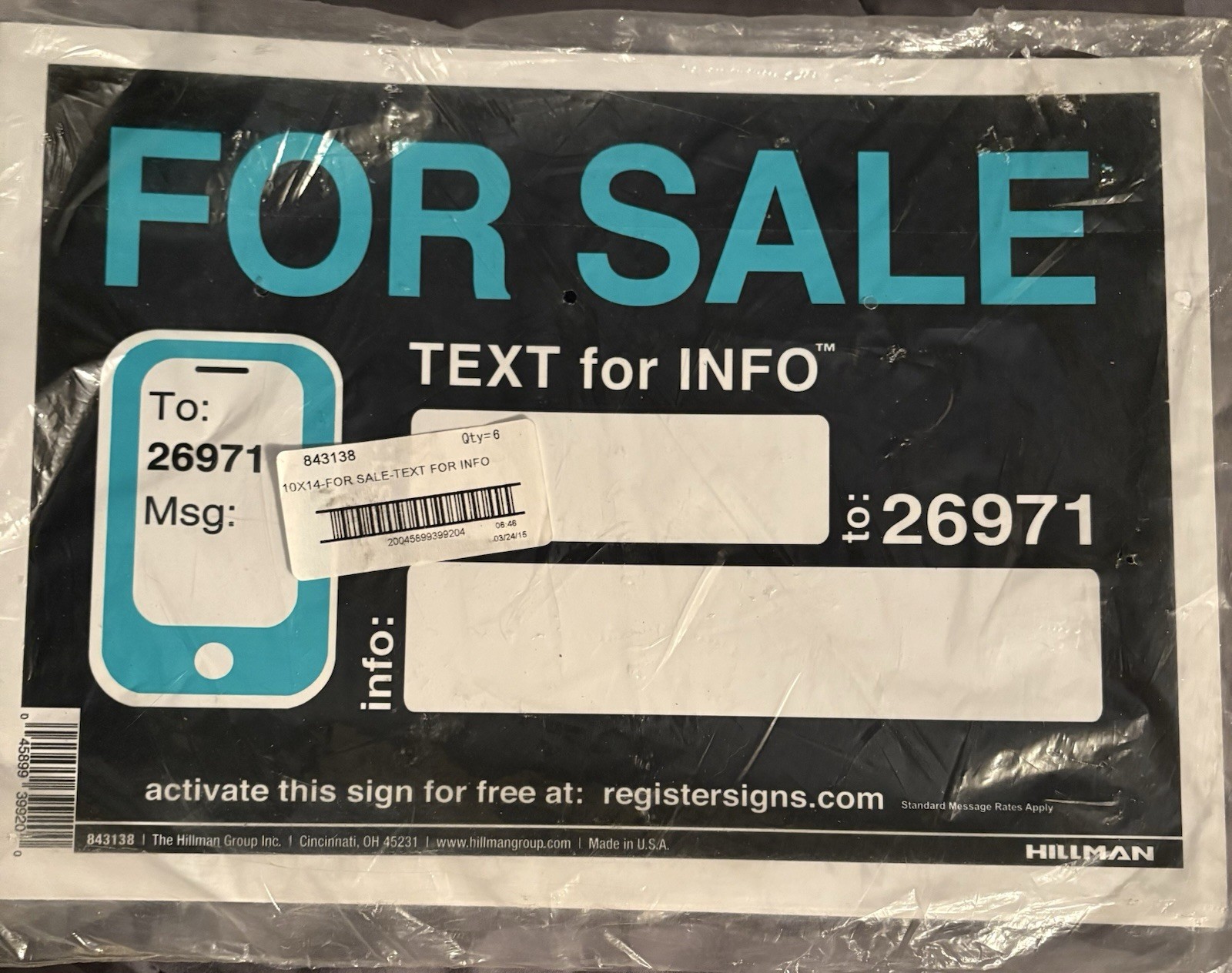 10×14 Inch FOR SALE TEXT for INFO Sign Qty: 6 843138 Black, White, Teal Plastic