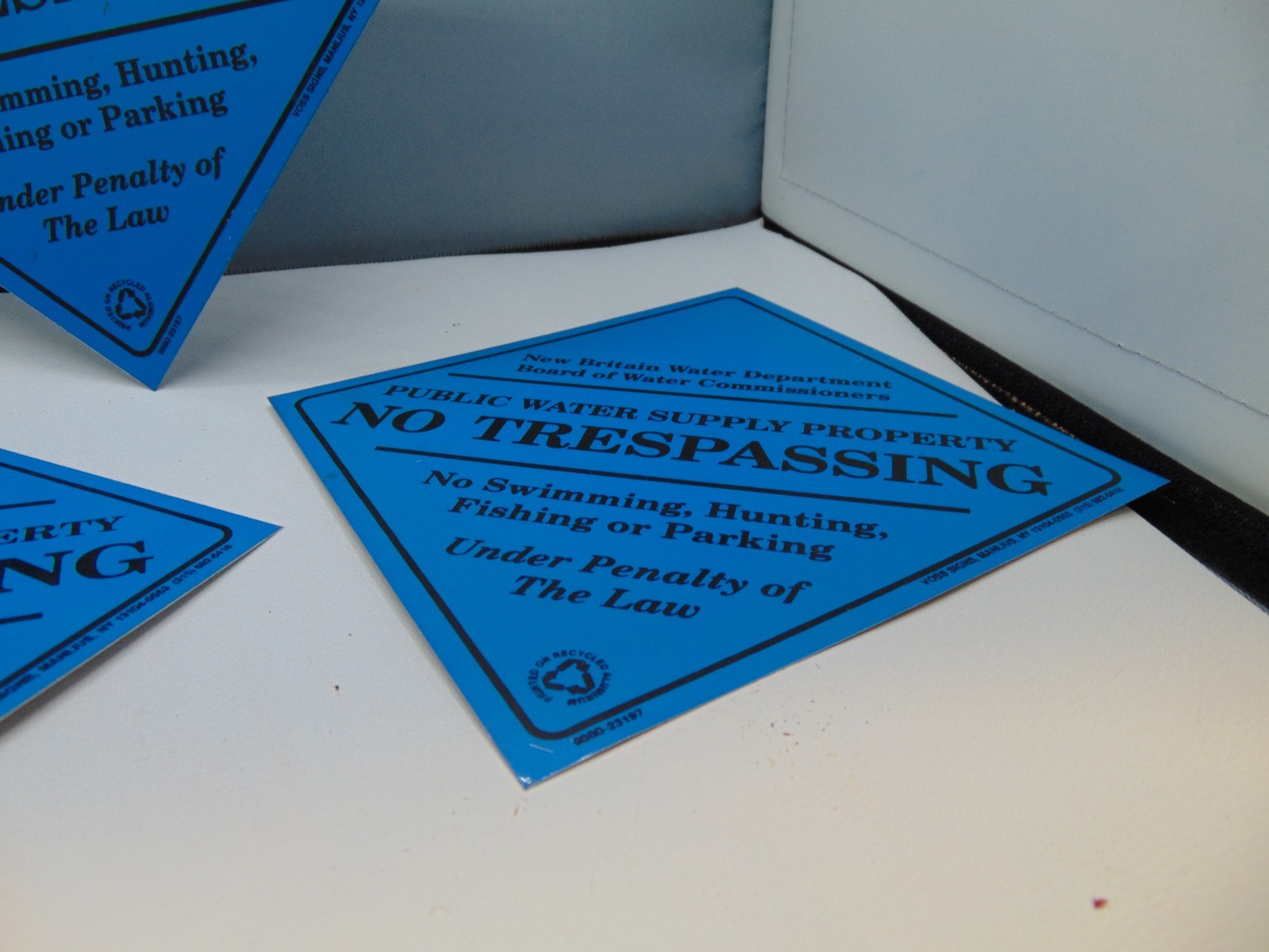 (3) Original New Britain Water Dept No Trespassing Diamond blue color signs 8&Prime;