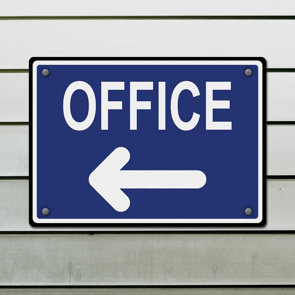 Horizontal Metal Sign Office Blue with Left Arrow Facility Property