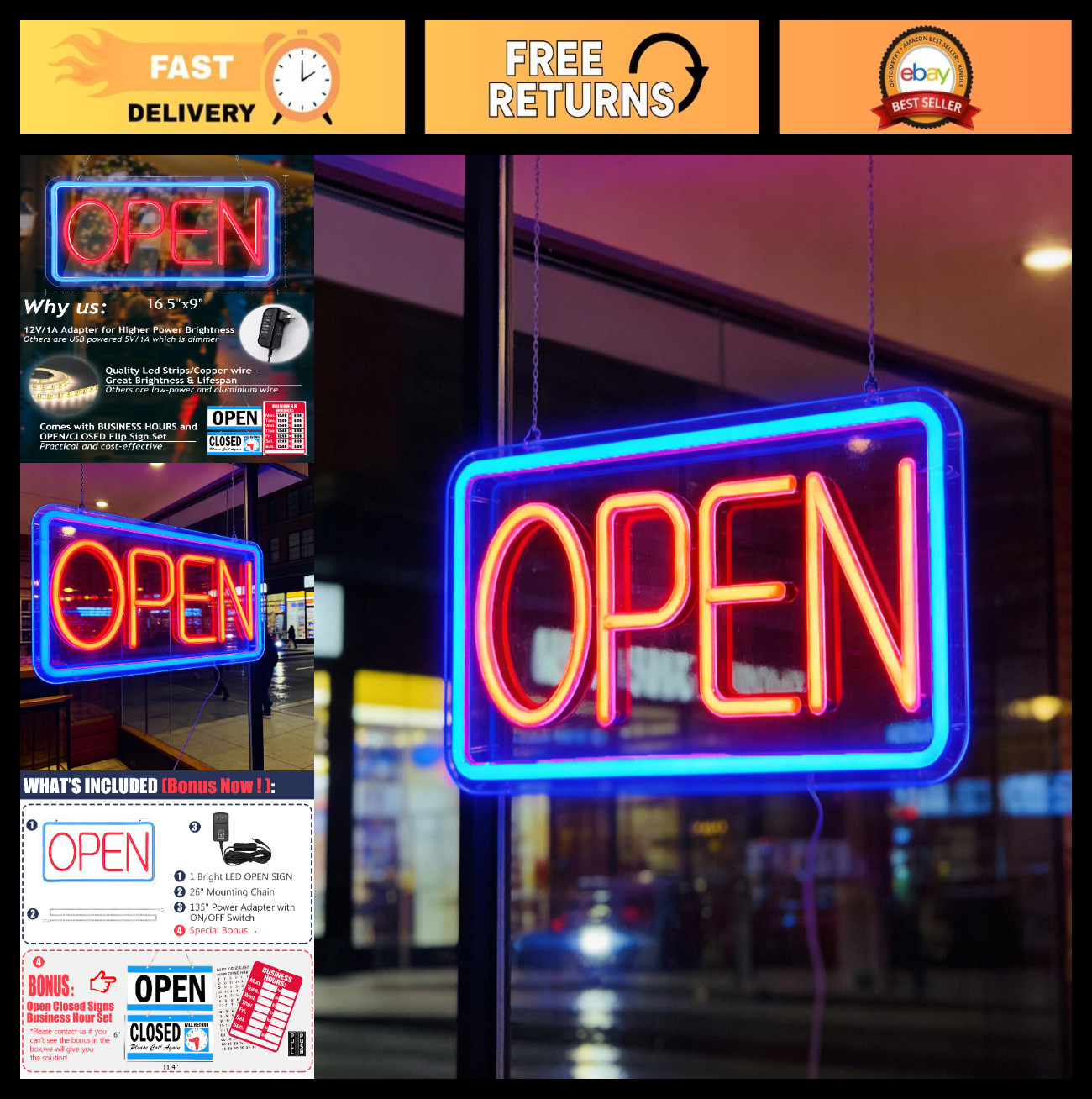 Neon Open Sign LED for Business – 16.5&Prime;x9&Prime; with Open/Closed Hours, Light for Sto