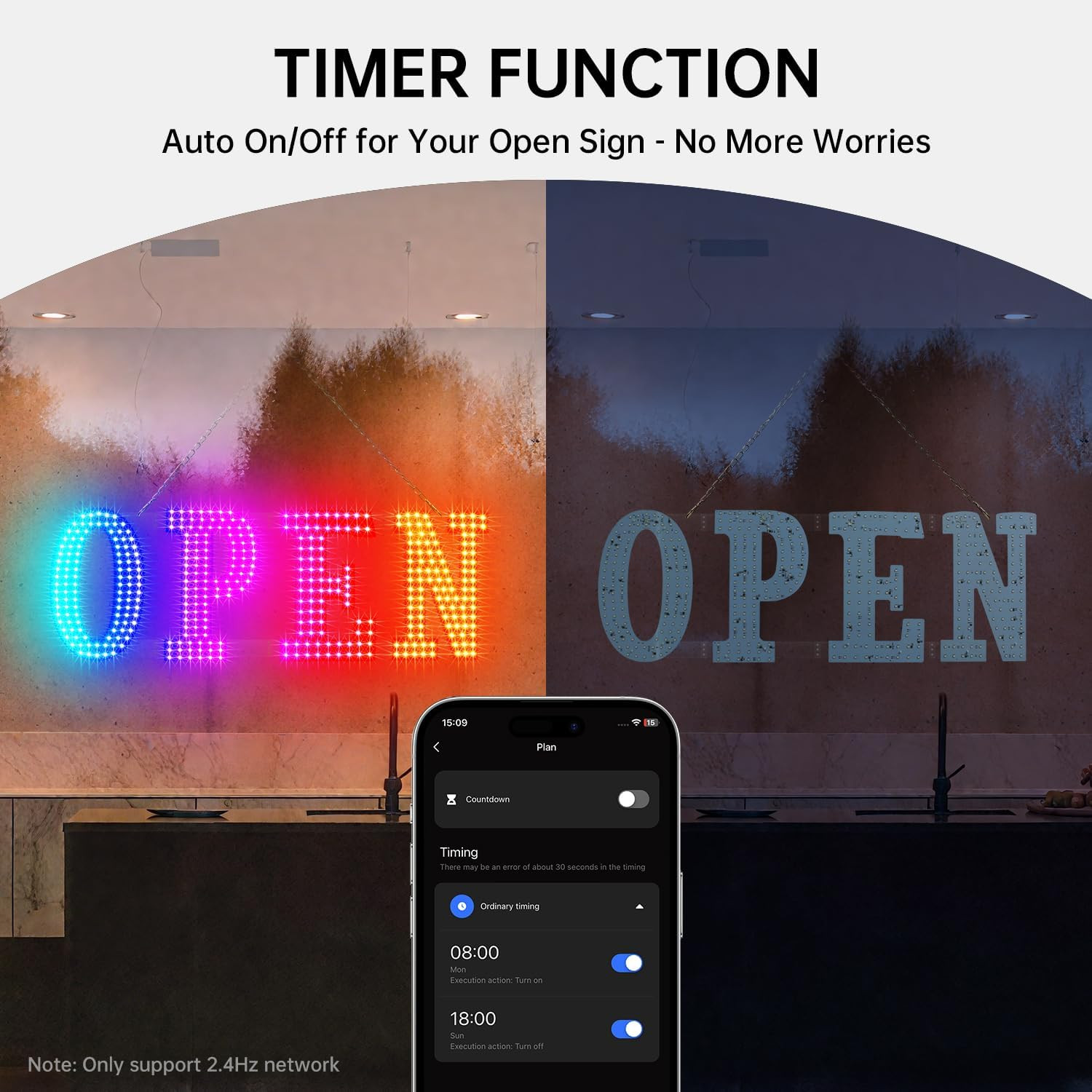 Large LED Open Sign with Remote & App Control for Stores & Cafes