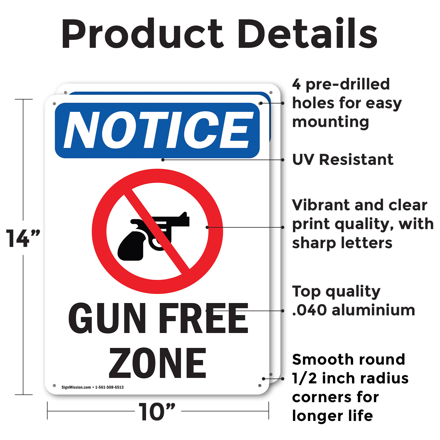 (2 Pack) Gun Free Zone OSHA Notice Sign Decal Metal Plastic