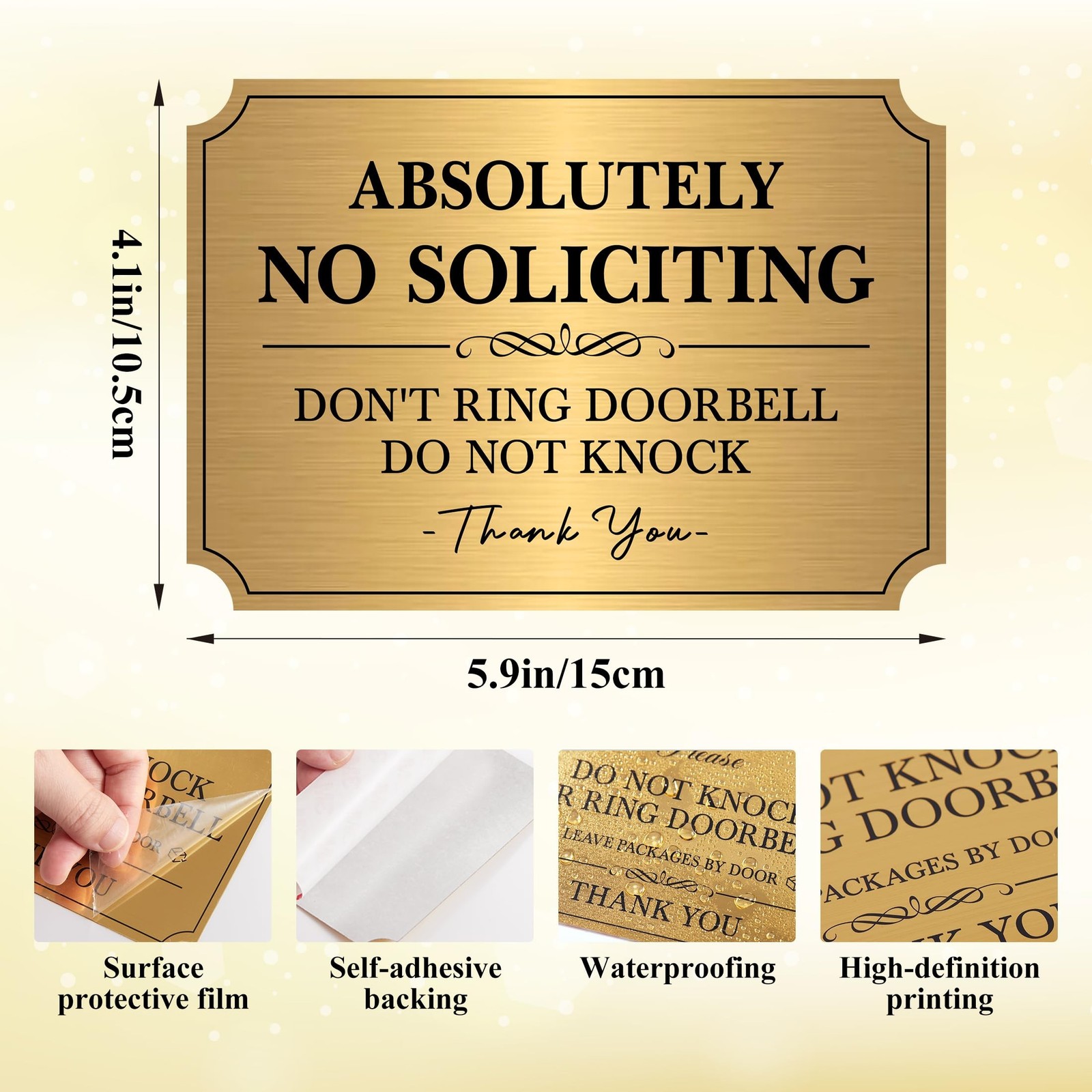 No Soliciting Sign for Front Door，Self-Adhesive Elegant Brushed Gold Do N