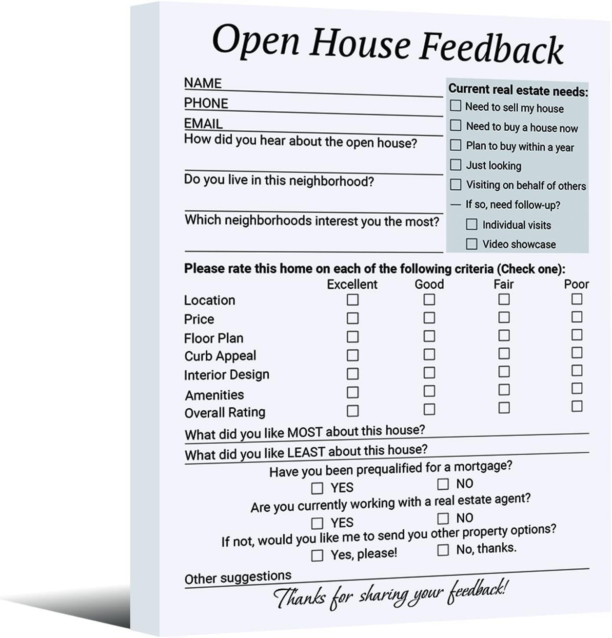 300 Pcs Open House Feedback Notepad Open House Supplies for Realtors Feedback