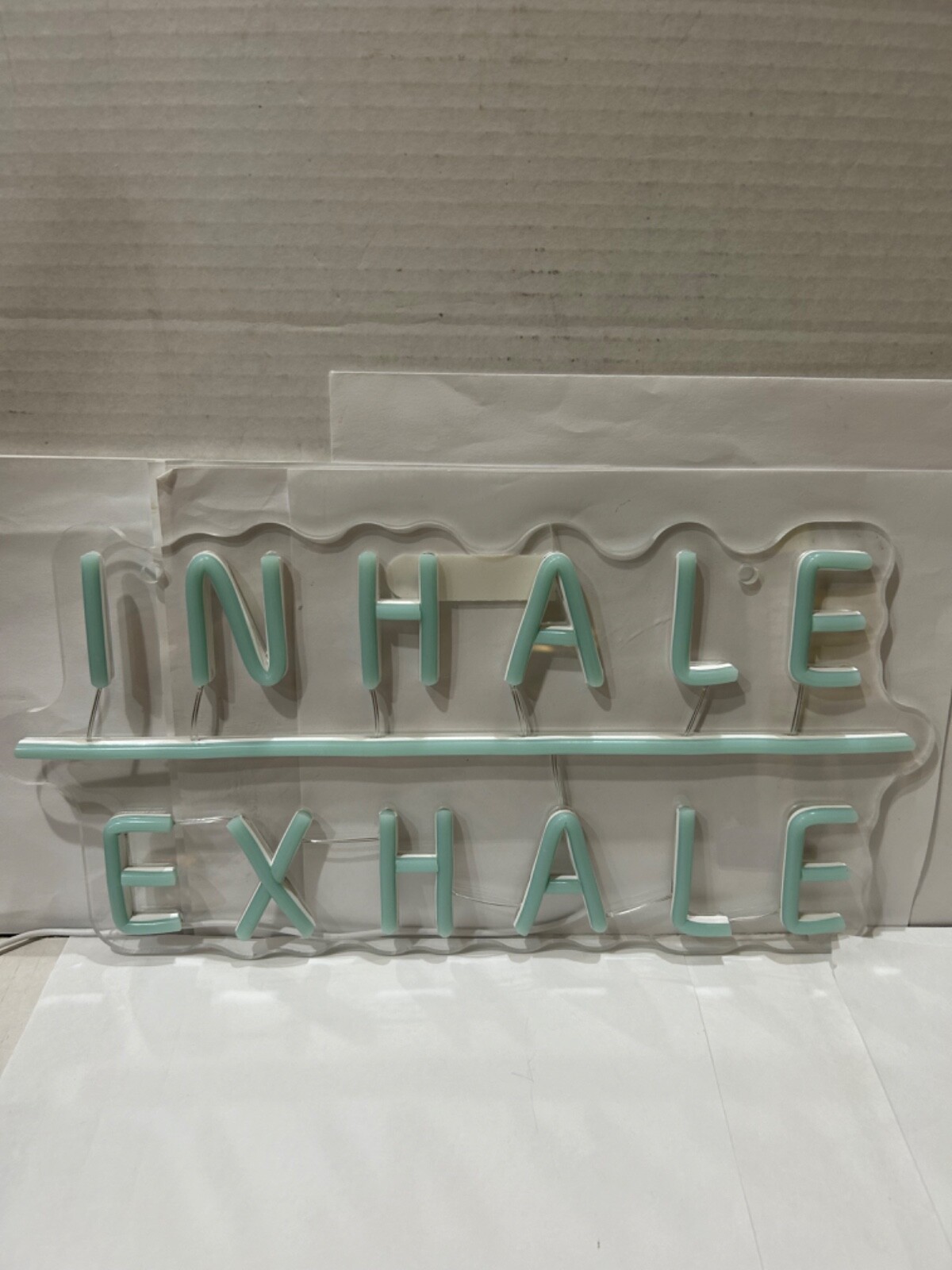 NEON SIGN 16” WIDE BY 7.5” TALL LT. BLUE NEON INHALE EXHALE SIGN MEDITATE RELAX