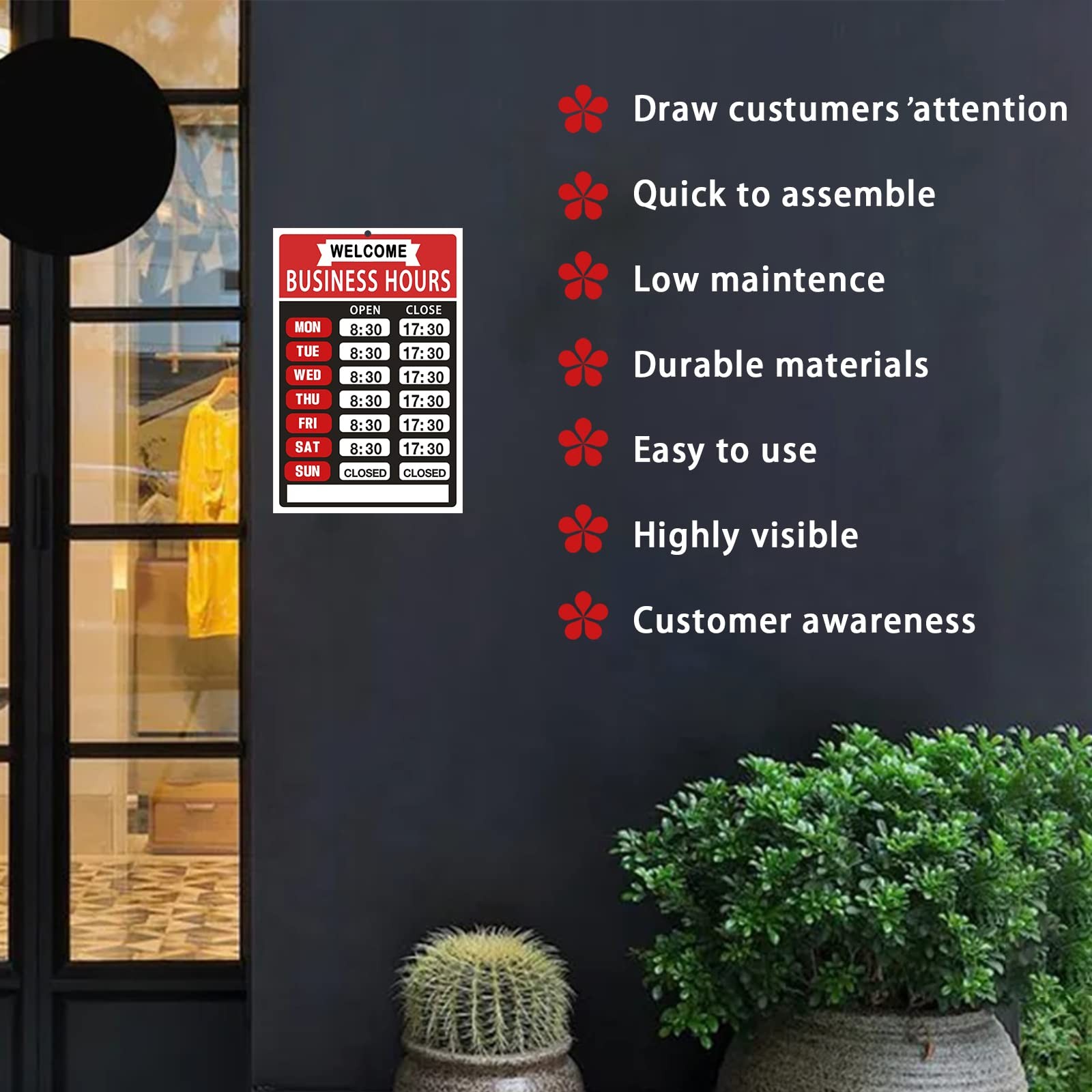 Business Hours Sign,Opening Hour Kit,Changeable Store 8×12 inches, Red