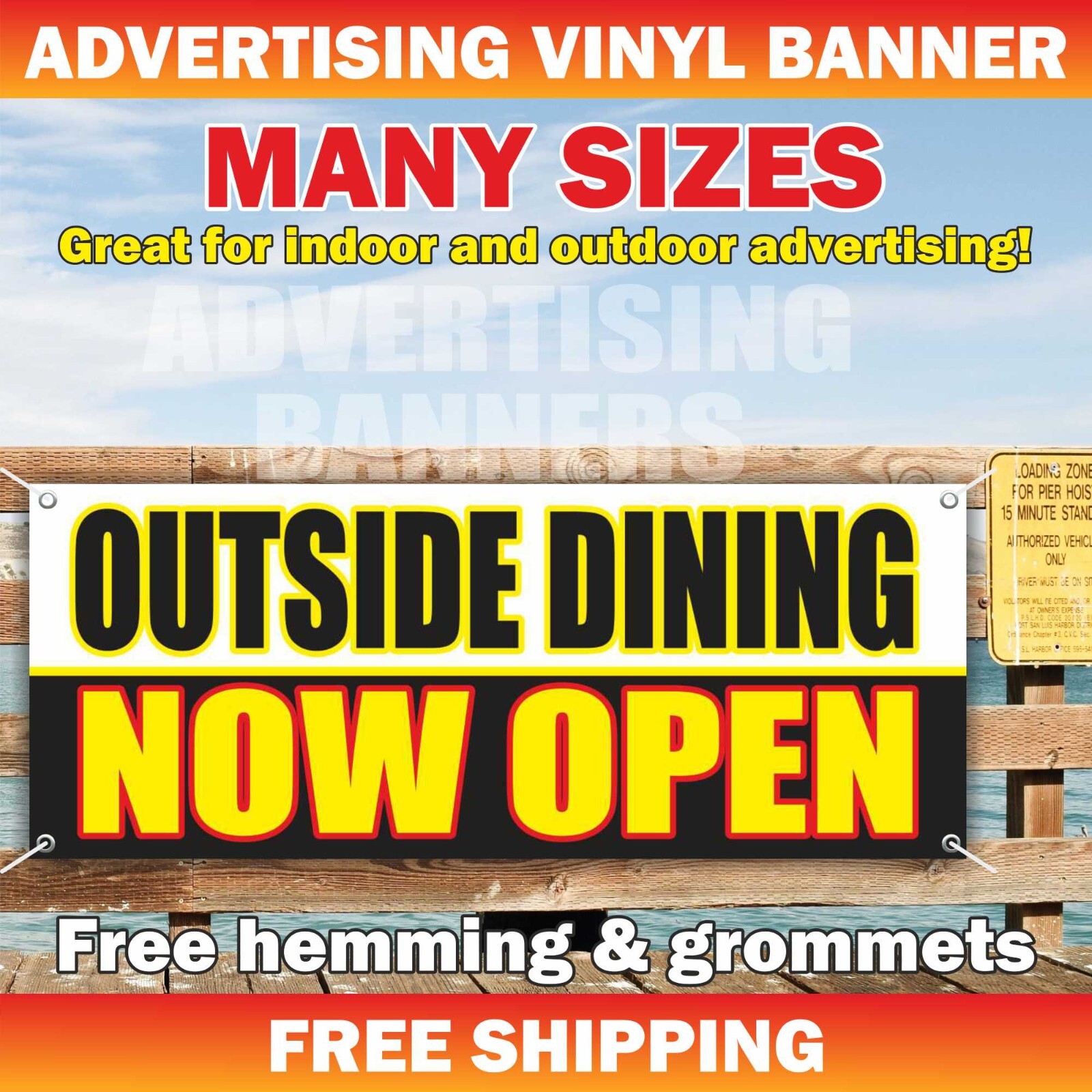 OUTSIDE DINING NOW OPEN Advertising Banner Vinyl Sign Patio Welcome Breakfast
