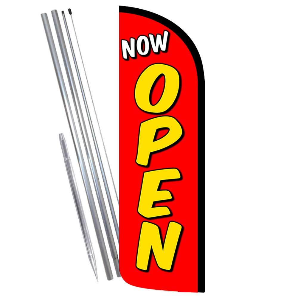 Now Open (Red/Yellow) Premium Windless Feather Flag Bundle (Complete Kit) OR Opt