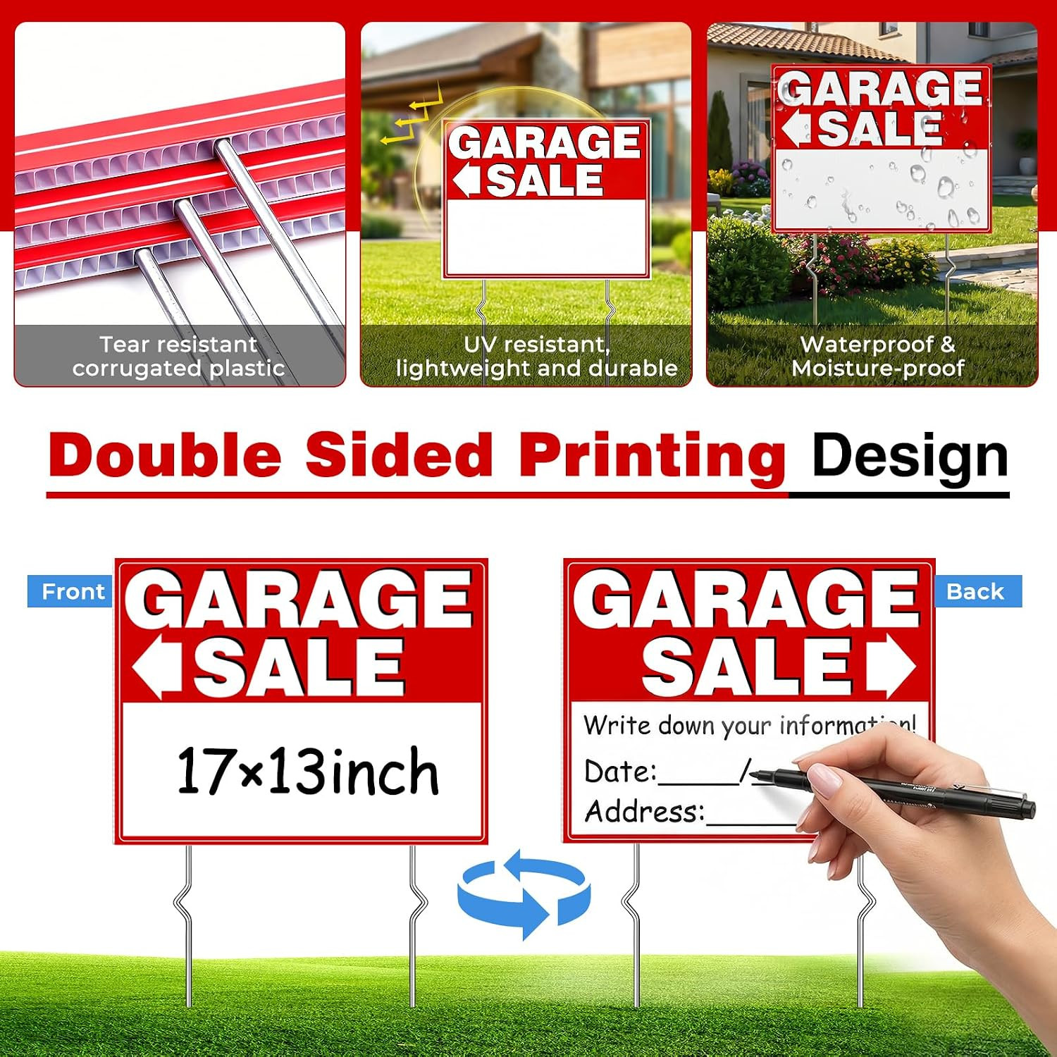 Garage Sale Signs Kit (14Pack)-17×13 Inch Large Garage Sale Sign with Metal Stak