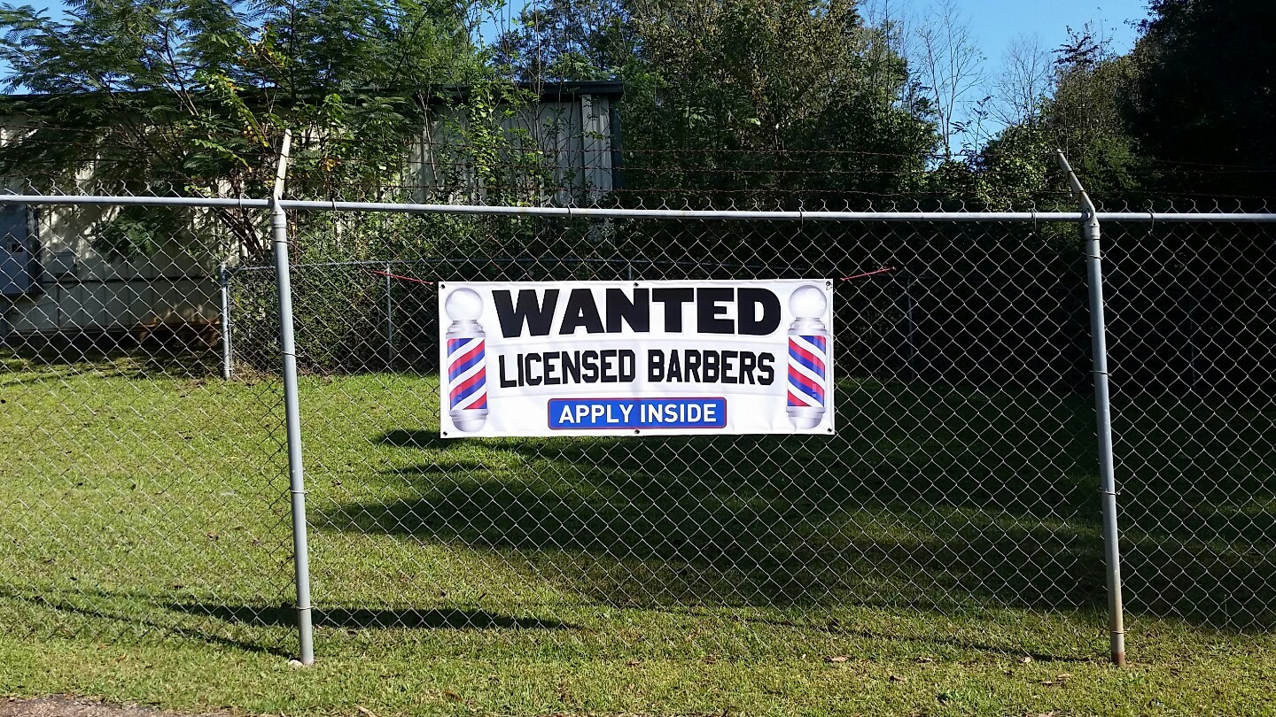 WANTED LICENSED BARBERS Apply Inside Hiring Banner Sign Display Barber Pole Open