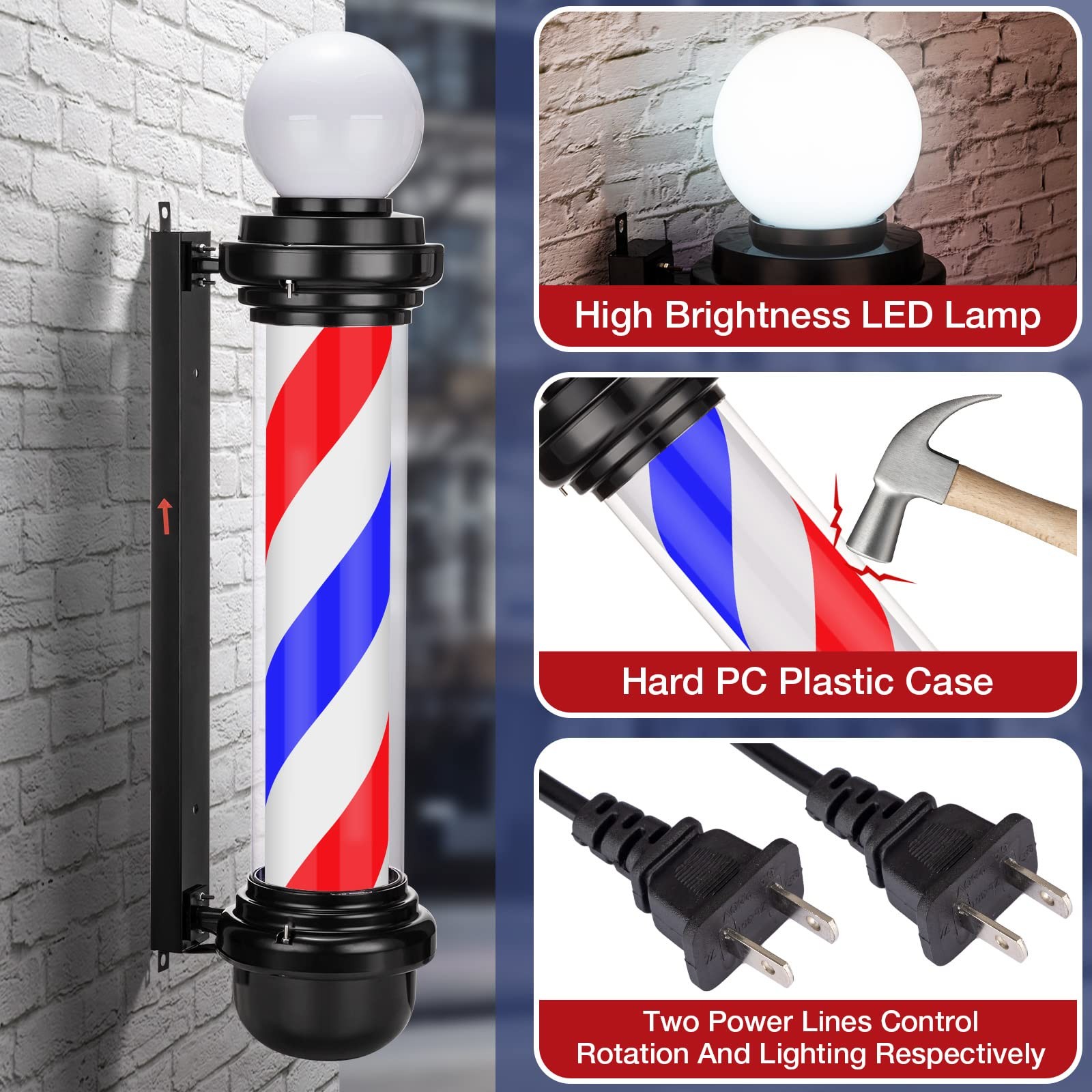 Noverlife 34In Barber Pole Led Sign Barber Shop Pole Red Blue White Stripes