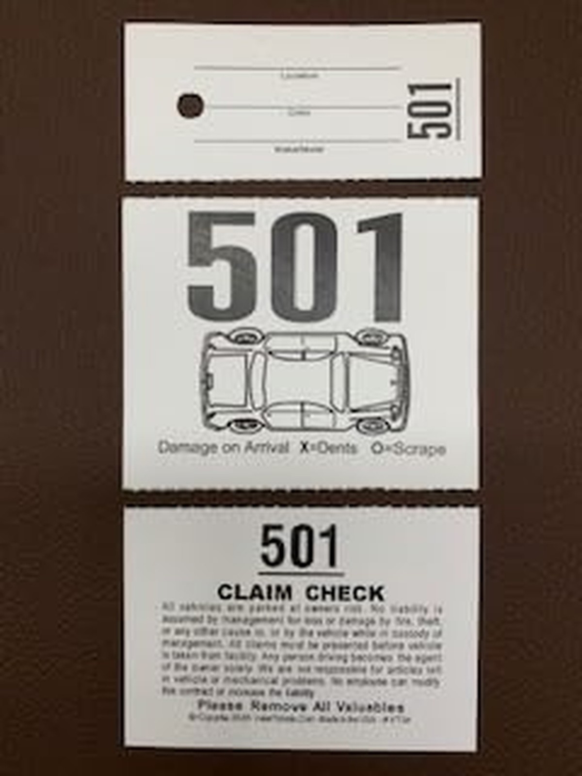 3 Part Valet Parking Tickets (1000 Tickets) on 110lb Card Stock with Car Diag…